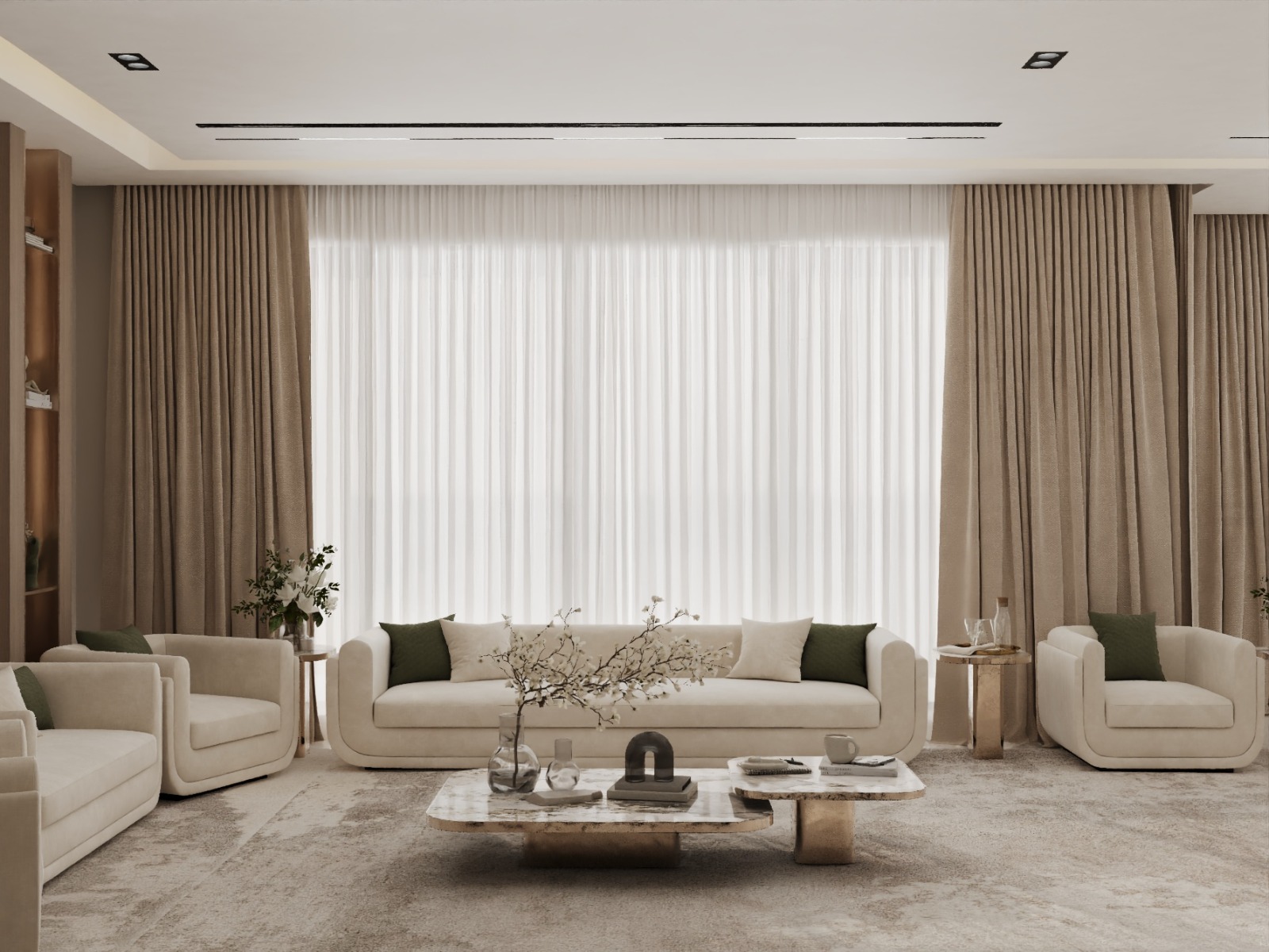 A modern living room with beige sofas and chairs arranged around a marble coffee table, featuring large windows with floor-to-ceiling beige curtains and accented by potted plants and minimalist decor.