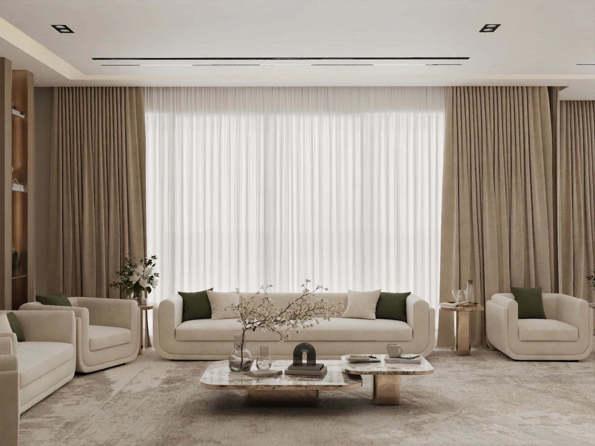 A modern living room with beige sofas and chairs arranged around a marble coffee table, featuring large windows with floor-to-ceiling beige curtains and accented by potted plants and minimalist decor.
