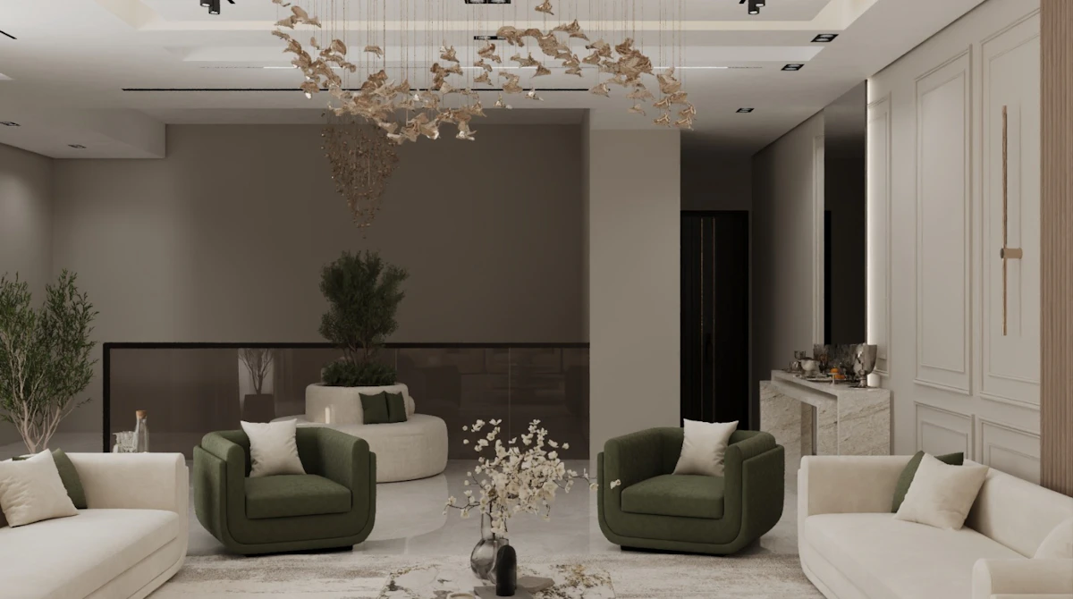 Modern living room featuring minimalist design, with white and olive green sofas, a central coffee table adorned with delicate floral arrangements, elegant ceiling light fixtures, and lush indoor plants enhancing the tranquil ambiance.