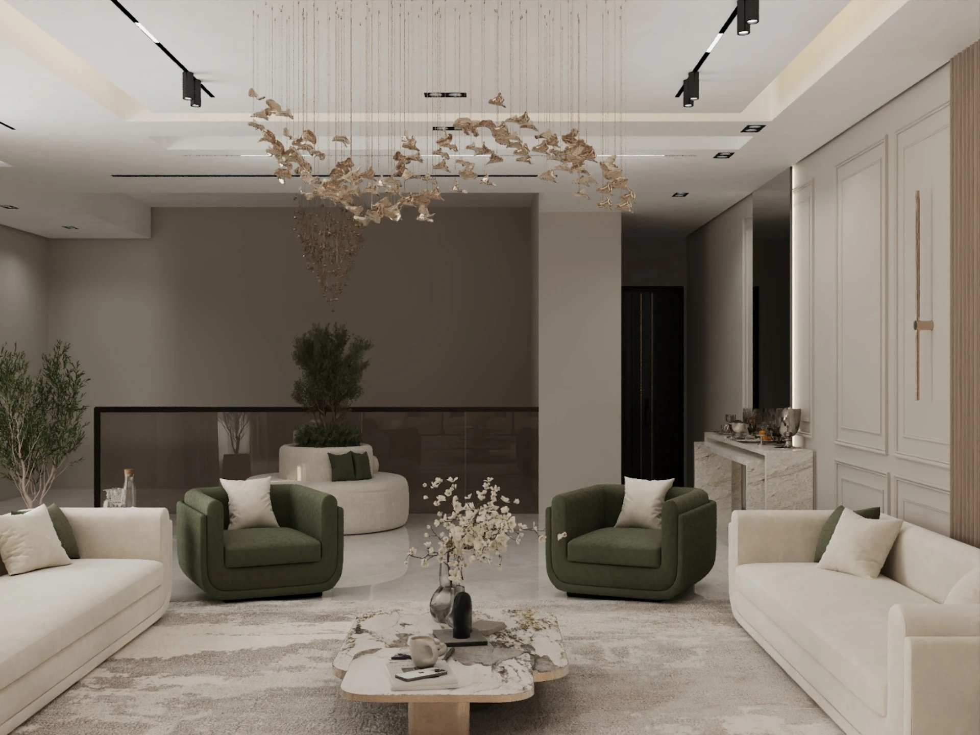 Modern living room featuring minimalist design, with white and olive green sofas, a central coffee table adorned with delicate floral arrangements, elegant ceiling light fixtures, and lush indoor plants enhancing the tranquil ambiance.