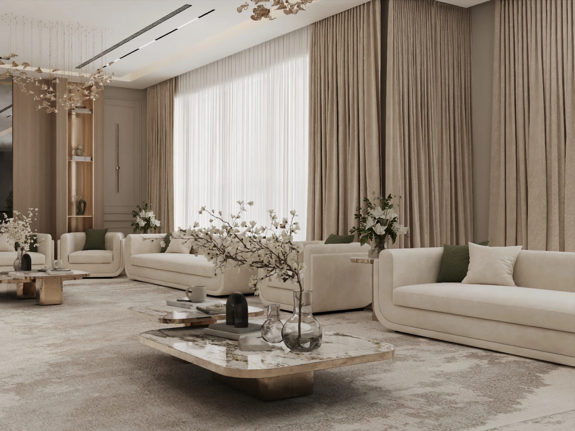 A luxurious and spacious living room features cream-colored sofas adorned with green cushions, a large marble coffee table with decorative glass vases, and elegant floor-to-ceiling curtains, illuminated by soft natural light filtering through large windows.