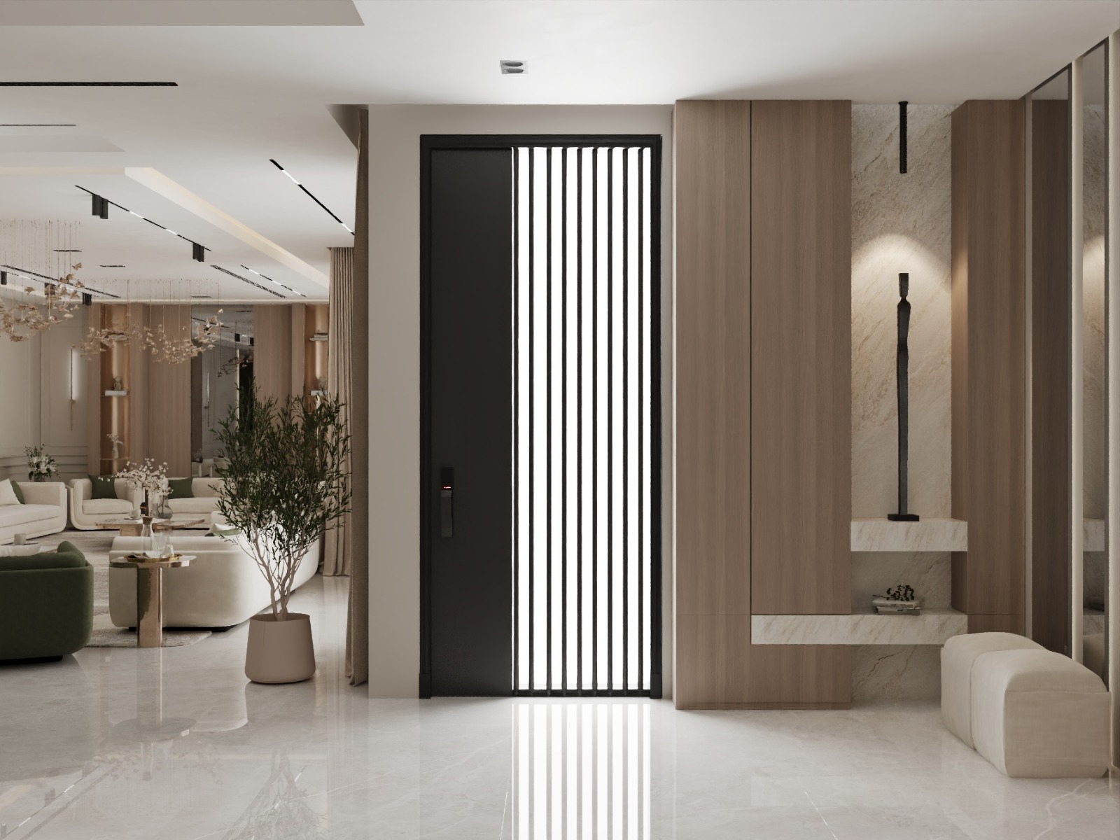 A modern, minimalist living room features sleek, beige marble floors, light wood paneling, a black vertical line-design door, and plush white furniture, with a potted plant adding a touch of greenery and elegance.