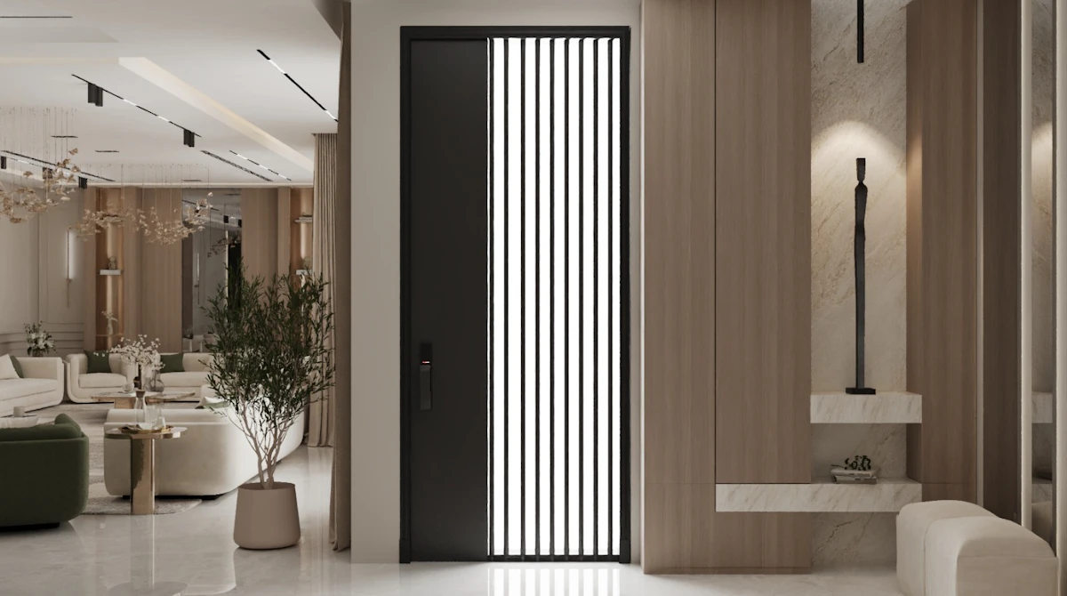 A modern, minimalist living room features sleek, beige marble floors, light wood paneling, a black vertical line-design door, and plush white furniture, with a potted plant adding a touch of greenery and elegance.