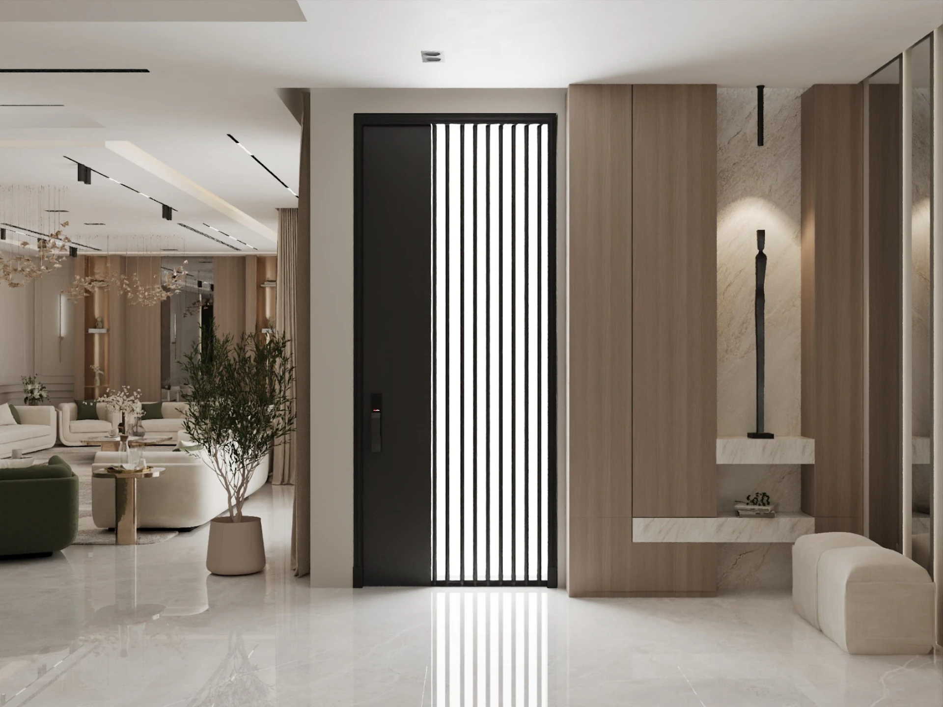 A modern, minimalist living room features sleek, beige marble floors, light wood paneling, a black vertical line-design door, and plush white furniture, with a potted plant adding a touch of greenery and elegance.
