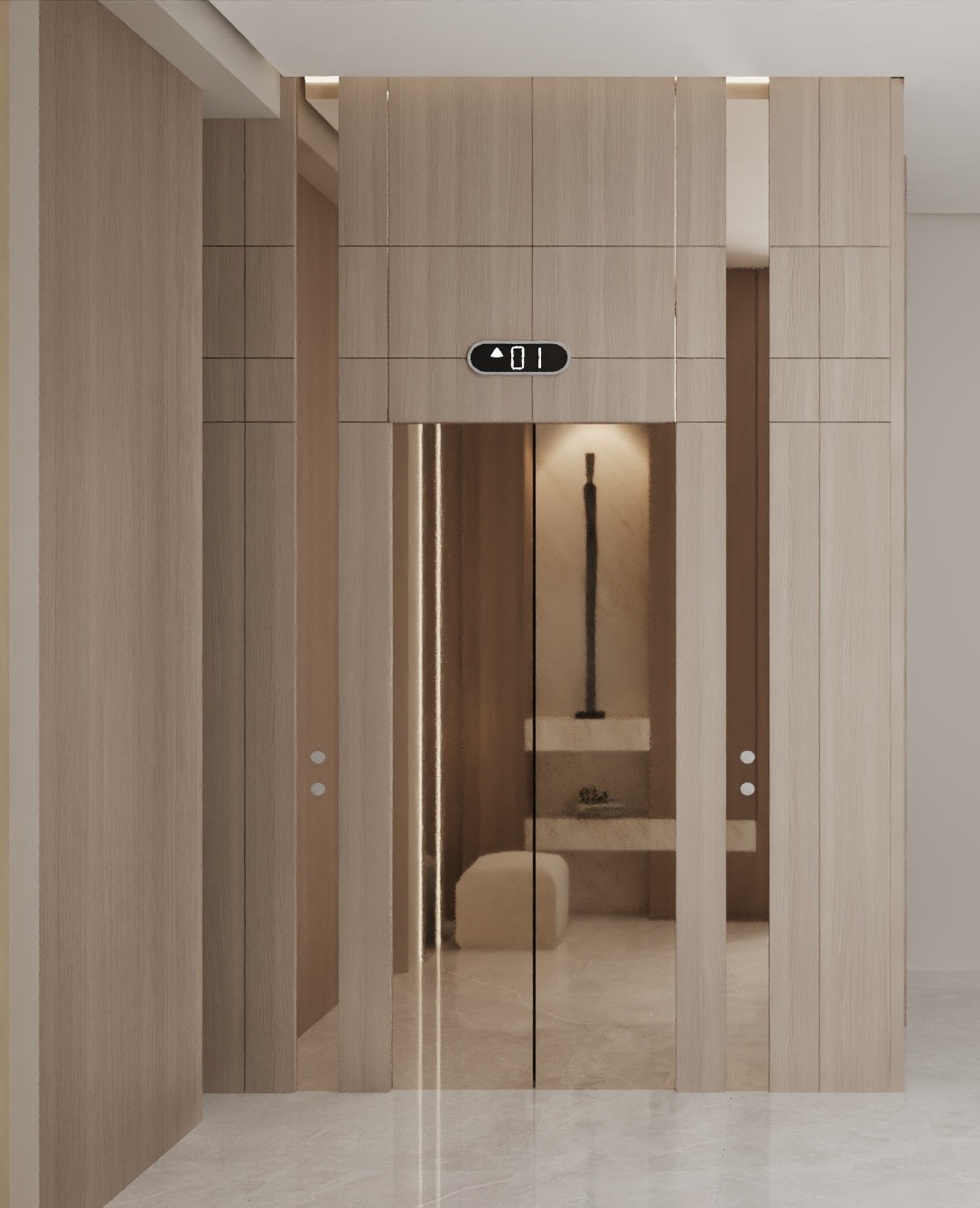 A modern, sleek elevator with mirrored doors reflects a minimalist interior featuring beige tones, smooth wooden paneling, and ambient lighting.