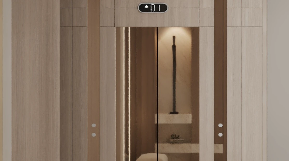 A modern, sleek elevator with mirrored doors reflects a minimalist interior featuring beige tones, smooth wooden paneling, and ambient lighting.