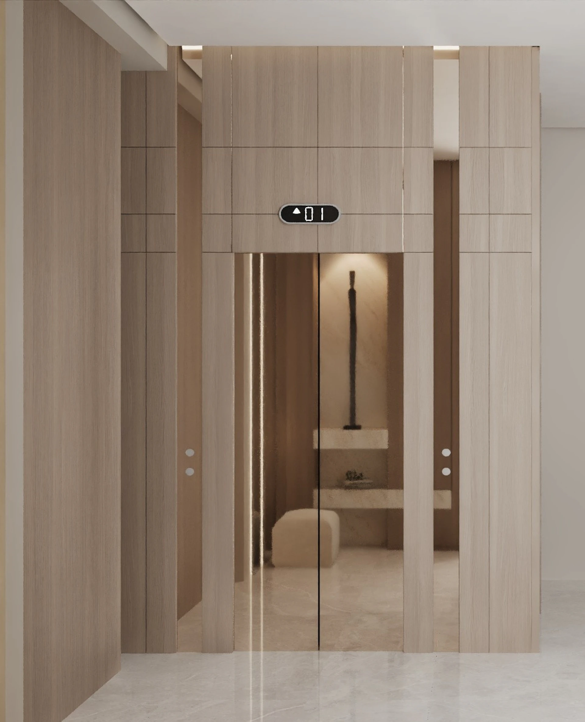 A modern, sleek elevator with mirrored doors reflects a minimalist interior featuring beige tones, smooth wooden paneling, and ambient lighting.