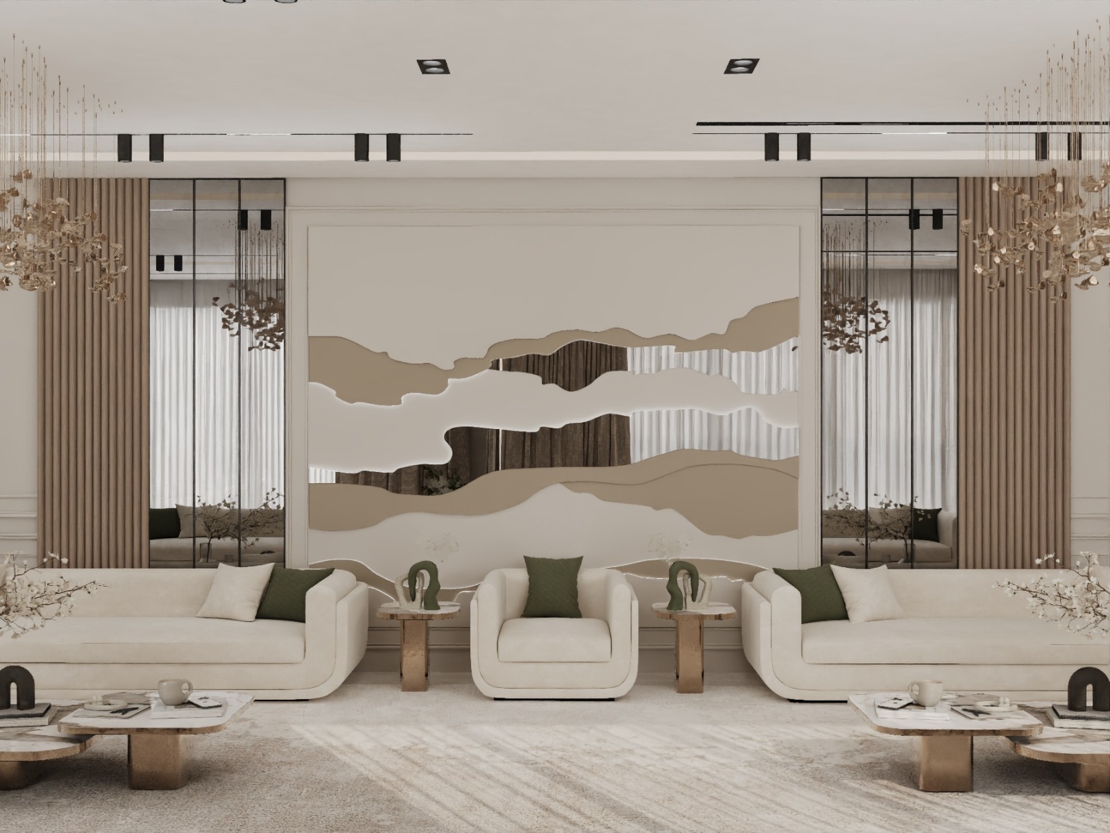 Luxurious modern living room featuring chic beige sofas, elegant marble coffee tables, a statement abstract wall mural, and floor-to-ceiling mirrored panels, creating a sophisticated and contemporary ambiance.