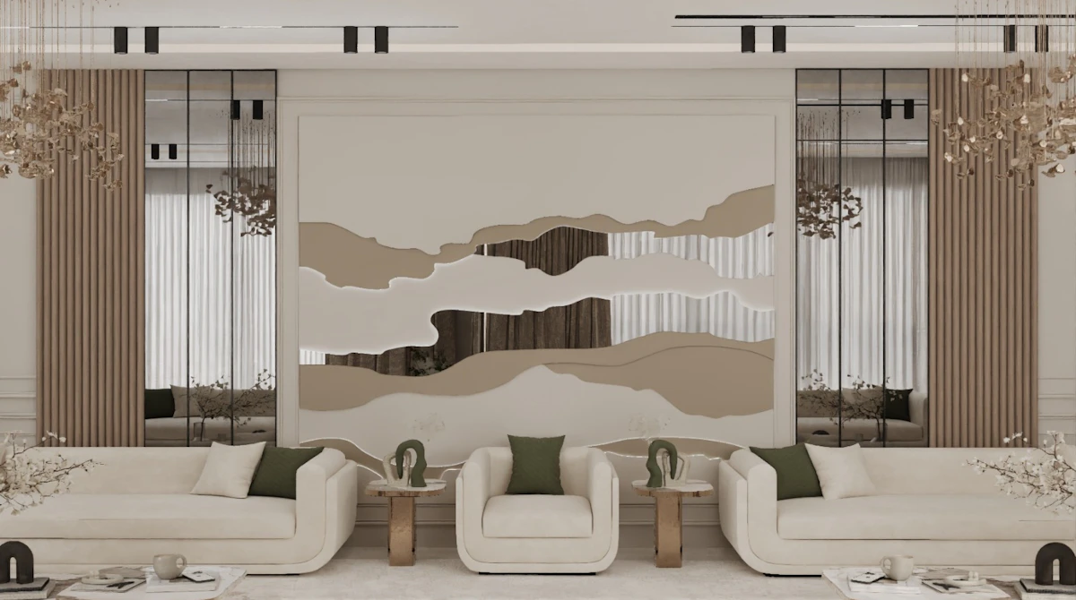 Luxurious modern living room featuring chic beige sofas, elegant marble coffee tables, a statement abstract wall mural, and floor-to-ceiling mirrored panels, creating a sophisticated and contemporary ambiance.