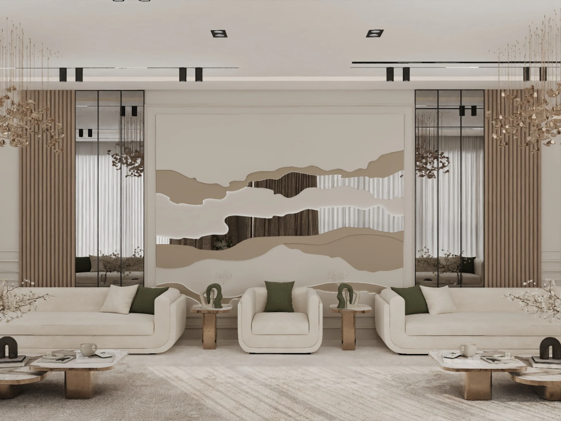 Luxurious modern living room featuring chic beige sofas, elegant marble coffee tables, a statement abstract wall mural, and floor-to-ceiling mirrored panels, creating a sophisticated and contemporary ambiance.