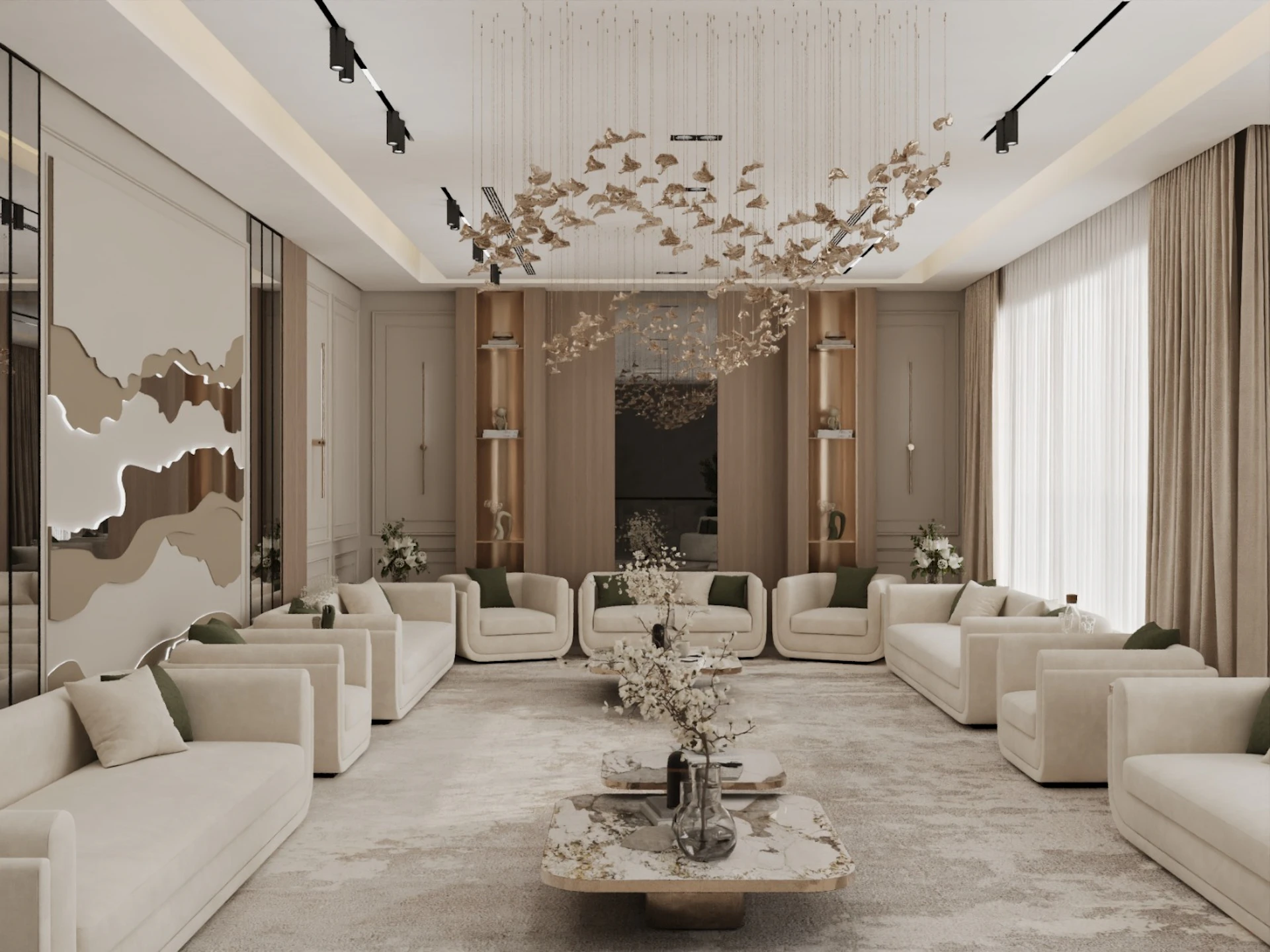 A luxurious living room features plush white sofas arranged in a U-shape around a sleek, marble coffee table, with an intricate, modern chandelier hanging from the ceiling, set against elegant beige wall paneling and large, light-filtering curtains.