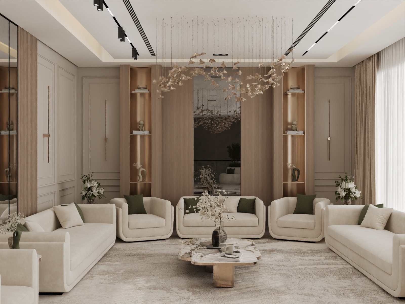A spacious, elegantly designed living room features a central marble coffee table, surrounded by light beige sofas, with large windows allowing natural light to highlight the minimalist decor and hanging modern chandelier.