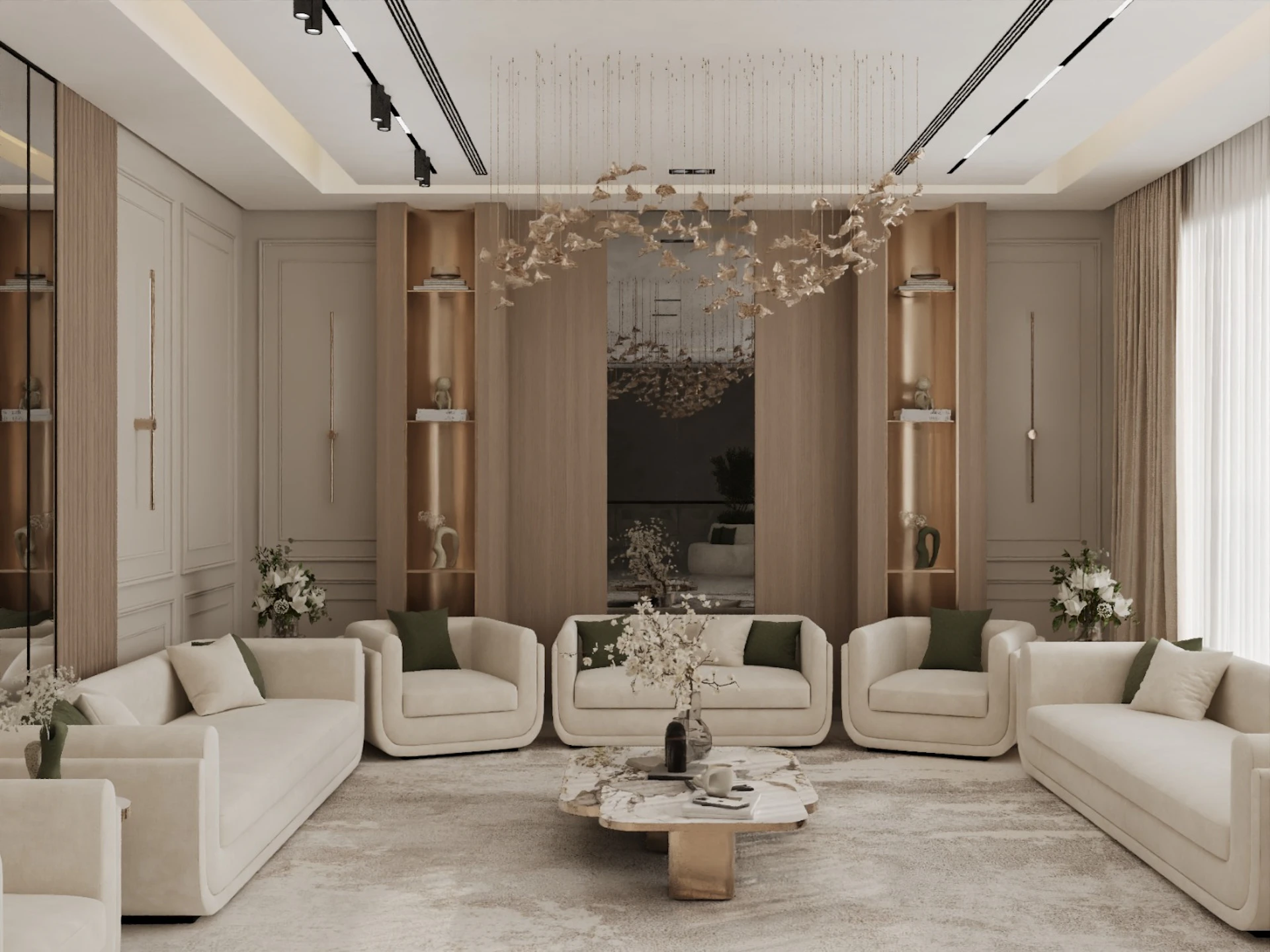 A spacious, elegantly designed living room features a central marble coffee table, surrounded by light beige sofas, with large windows allowing natural light to highlight the minimalist decor and hanging modern chandelier.