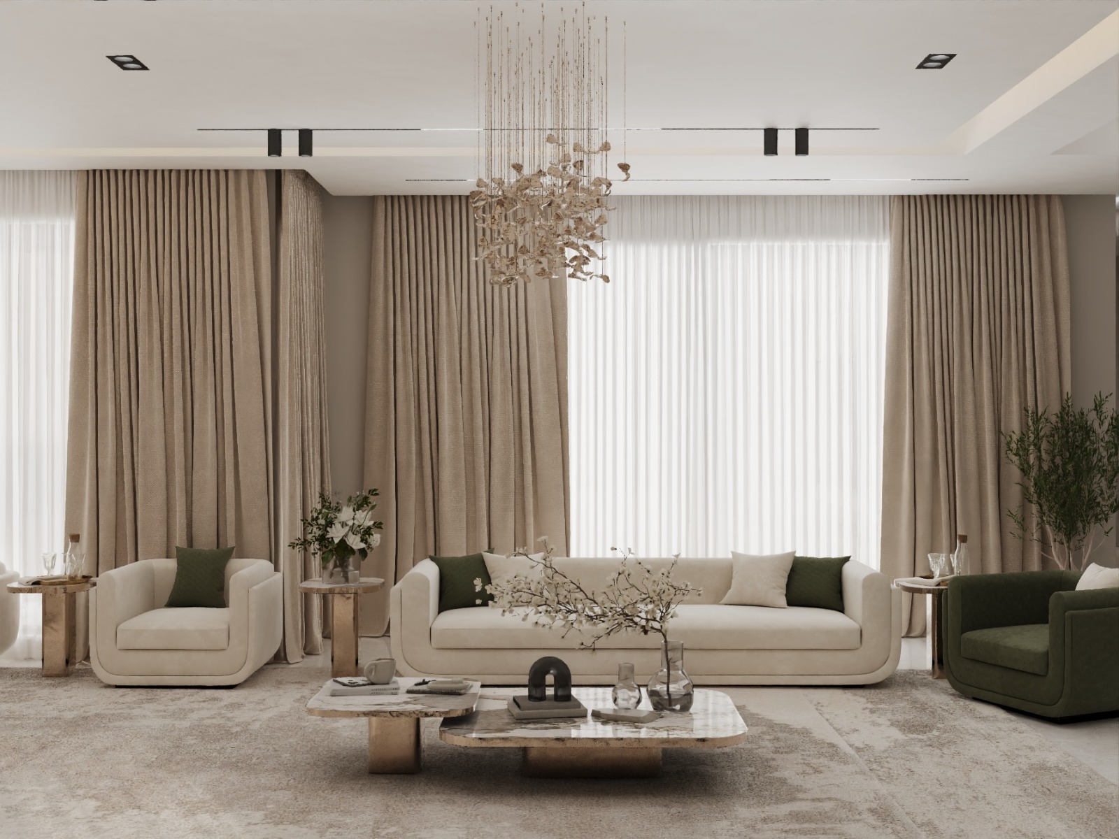 A modern living room features elegant beige sofas with dark green accent pillows, a luxurious crystal chandelier, and large windows draped with floor-length curtains, creating a sophisticated and inviting space.