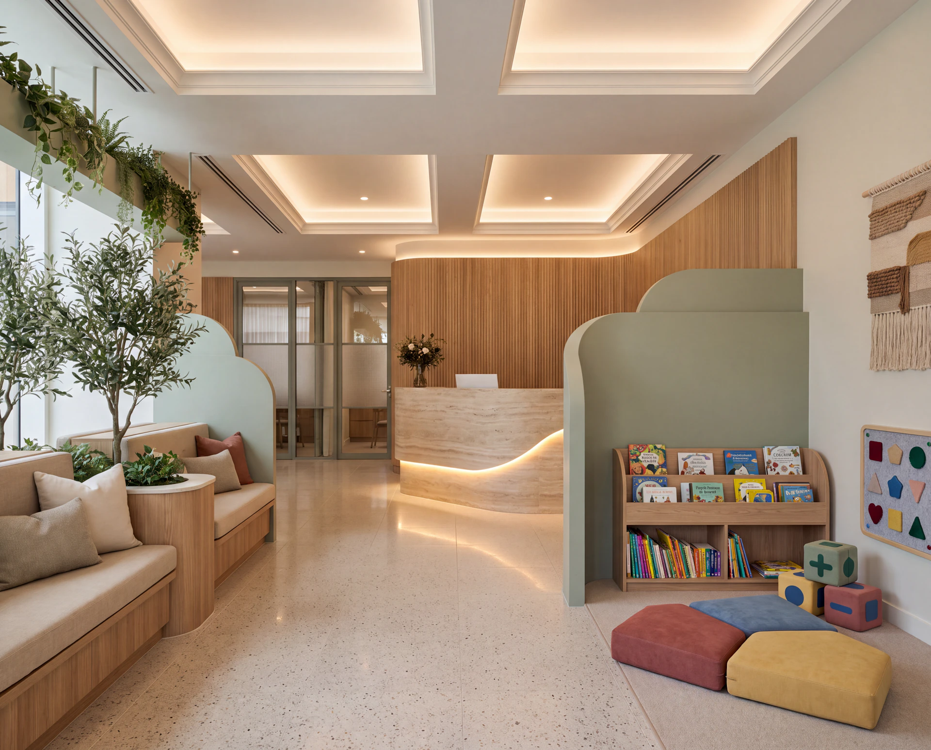 family clinic waiting area comfortable kids corner and toys wood colors marble glass and plants