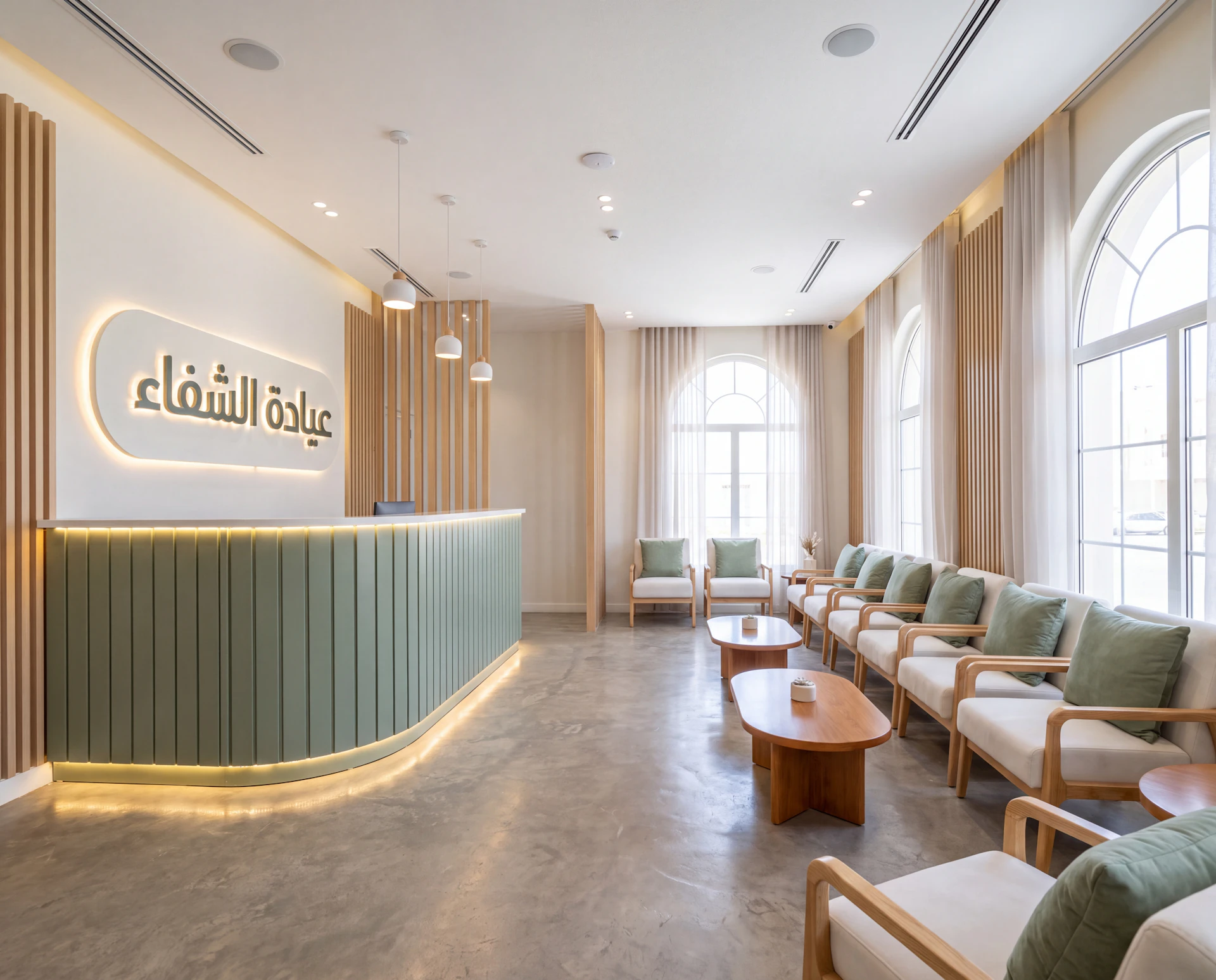 modern clinic waiting area spacious wood pistachio flooring arched windows