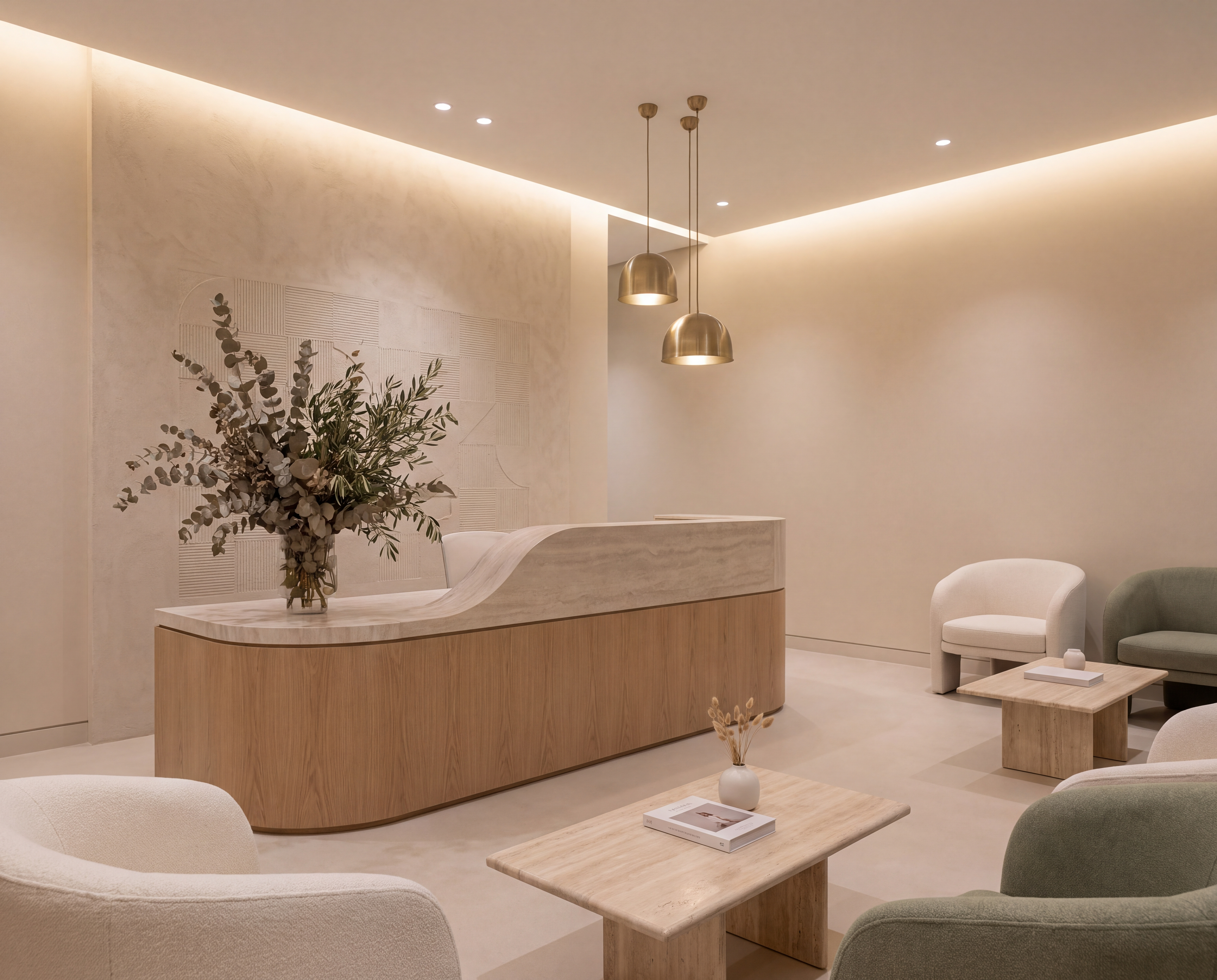 minimalist clinic waiting area clean calm simple wood marble beige