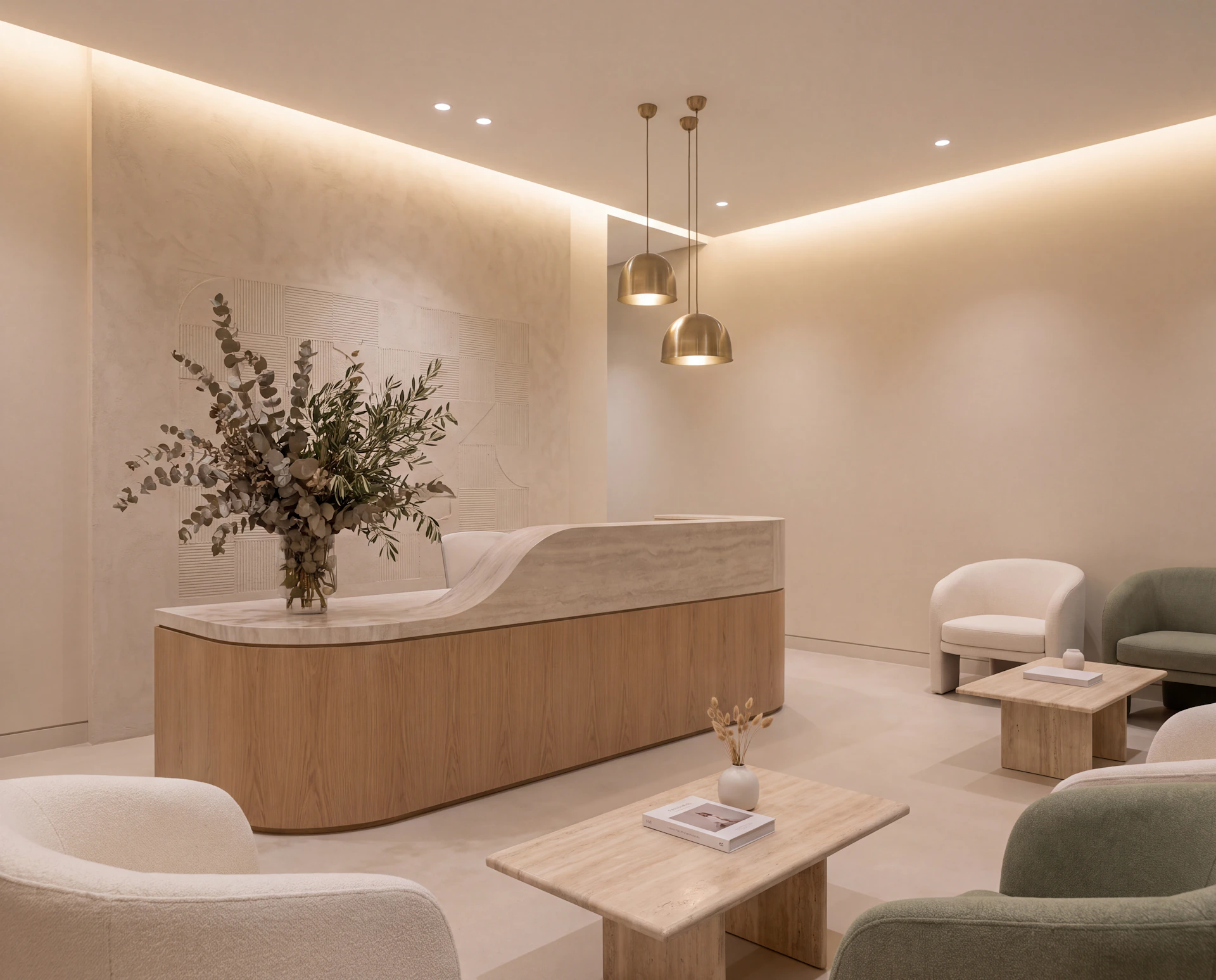 minimalist clinic waiting area clean calm simple wood marble beige