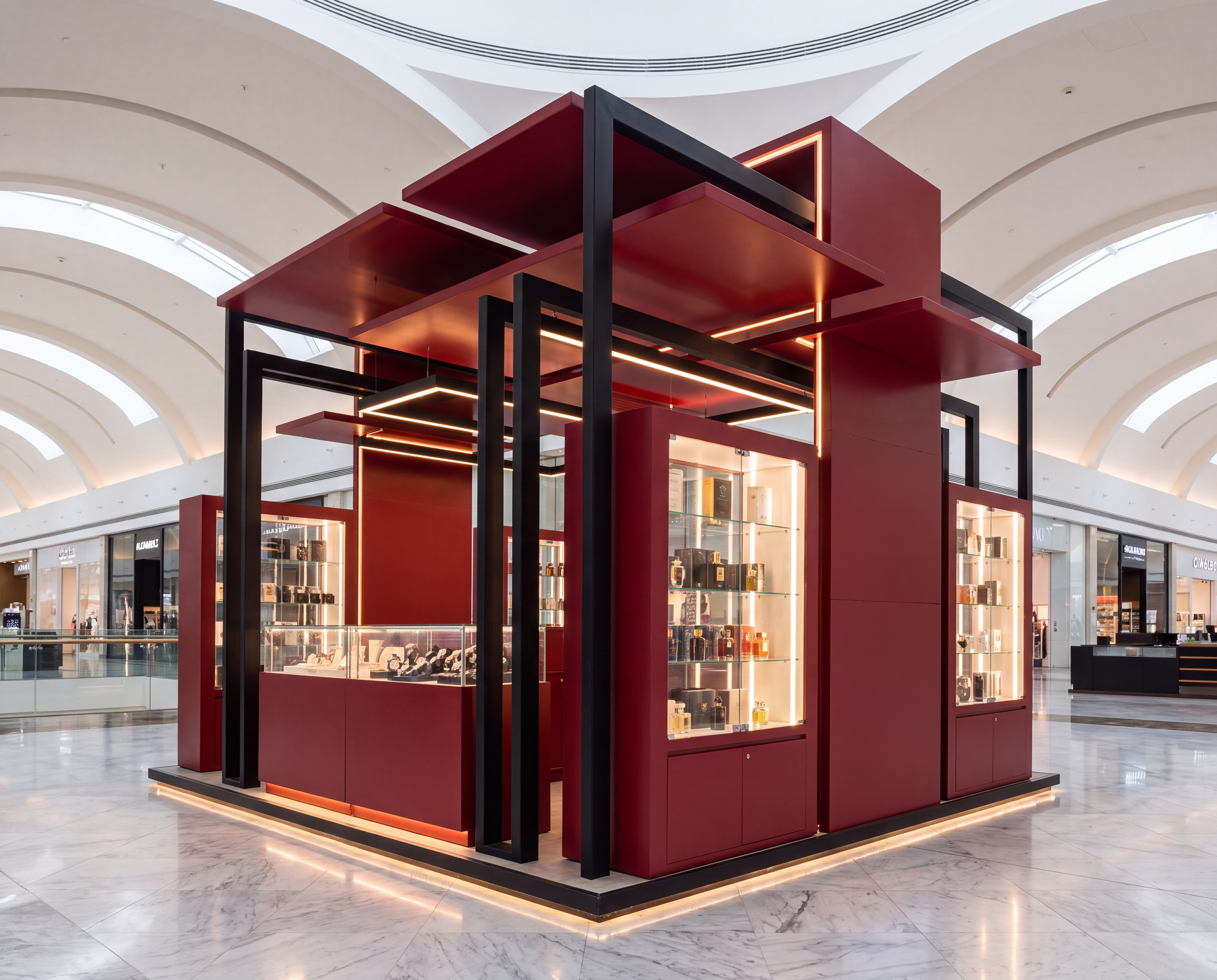 bold kiosk elegant retail brand island mall glass panel lighting display products