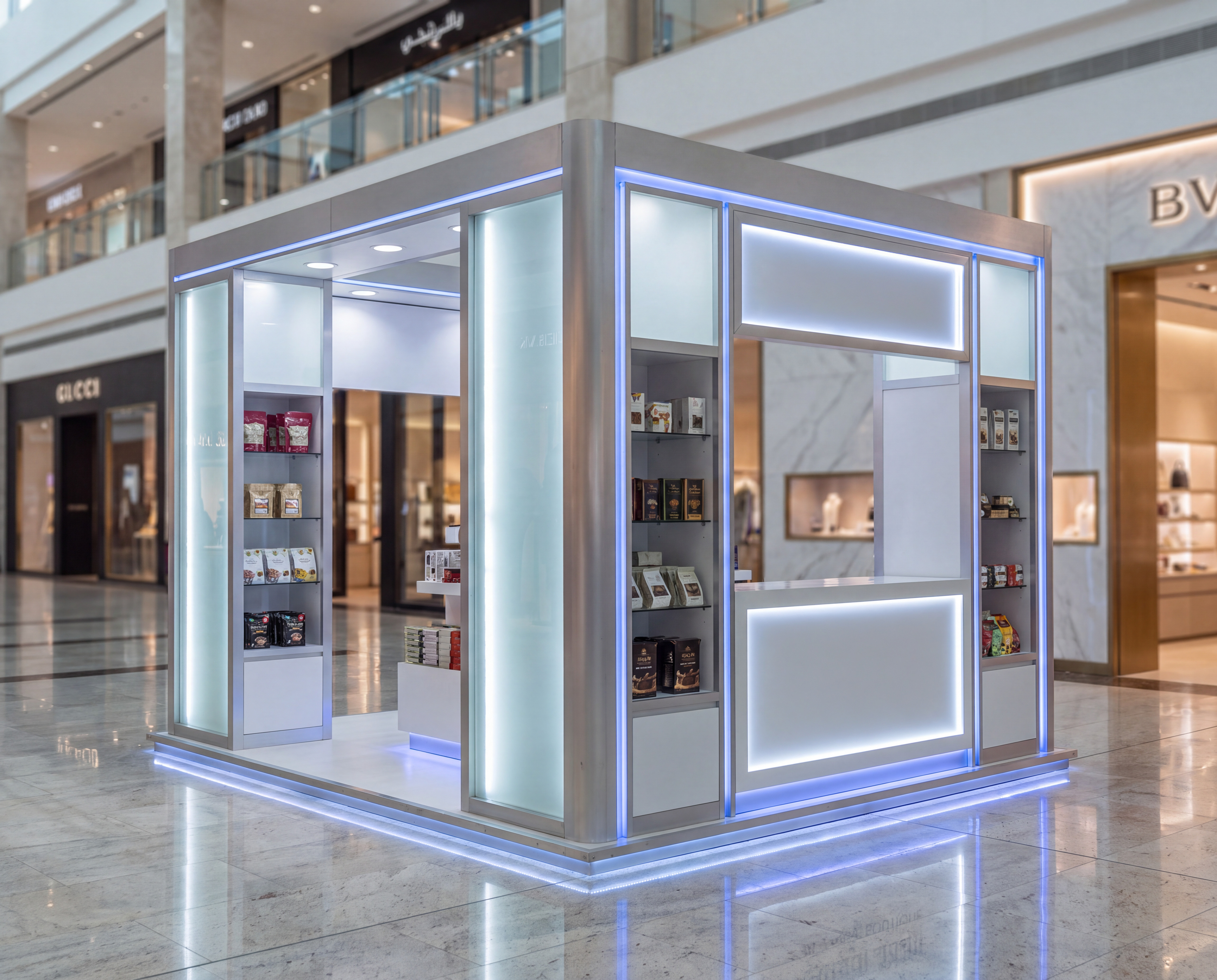 simple minimalist kiosk mall island glass steel lighting display