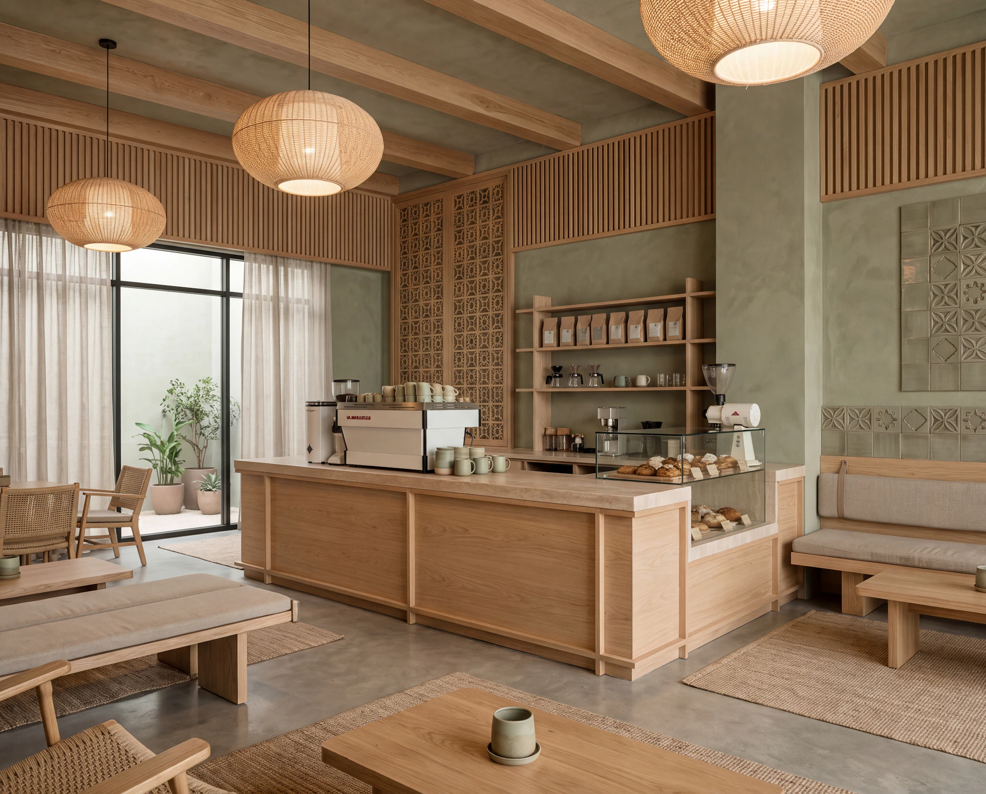 Japandi-style café with pistachio green walls, wood paneling, wooden counters and benches, cushioned seating, green mugs, suspended oval lighting, and a plant-filled outdoor area
