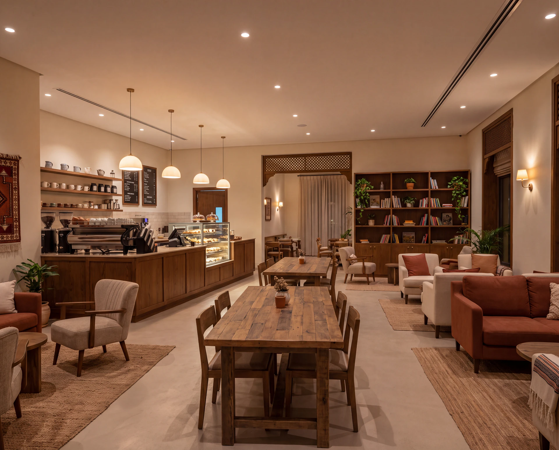 Cozy community café with carpets, sofas and chairs, wooden tables, a large serving counter, a bookshelf, mugs displayed on wall shelves, and Moroccan-inspired patterned woodwork