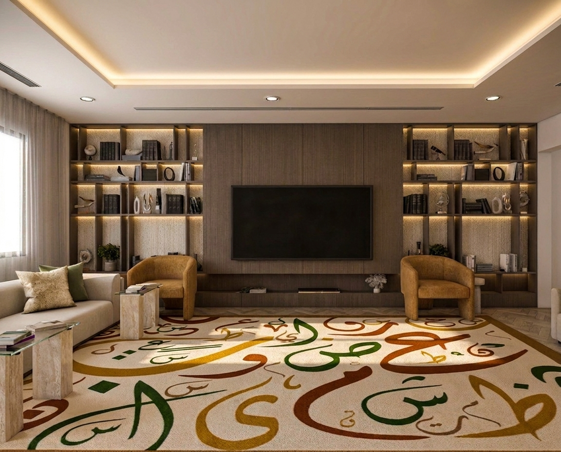 A modern living room features a large, intricately designed carpet with colorful geometric patterns, surrounded by two tan armchairs, a sleek wall-mounted television, and bookshelves filled with books and decorative objects.