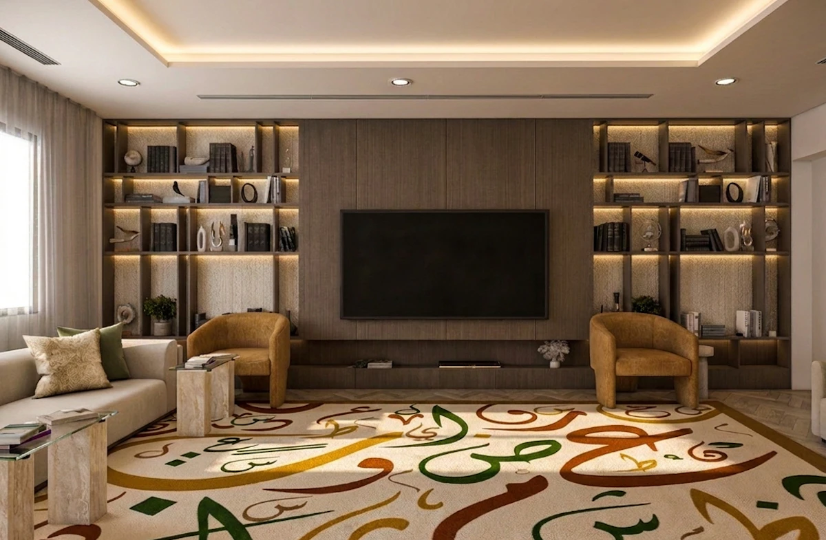 A modern living room features a large, intricately designed carpet with colorful geometric patterns, surrounded by two tan armchairs, a sleek wall-mounted television, and bookshelves filled with books and decorative objects.