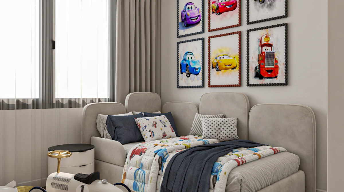 This stylish children's bedroom features a cozy bed with plush beige headboards, toy car decorations, and colorful framed prints of cartoon cars on the wall.
