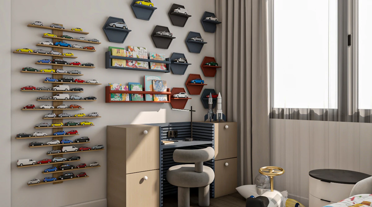 A modern children's bedroom featuring a wall-mounted display of colorful toy cars and books, with a compact study desk beneath, surrounded by plush animal chairs and a large window allowing natural light to illuminate the space.