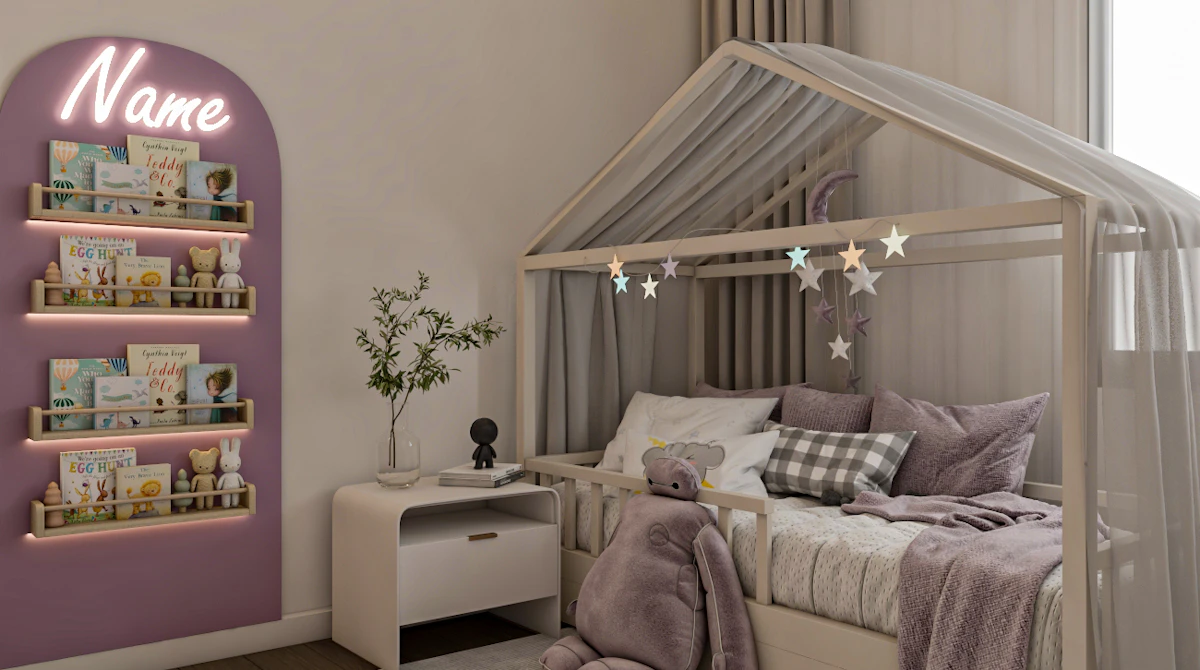 A cozy children's bedroom features a house-shaped bed adorned with star-shaped lights, a plush bunny toy on the gray rug, pastel pillows, and an adjacent nightstand, with a wall displaying toys and books against a soft pink backdrop under soft ambient lighting.