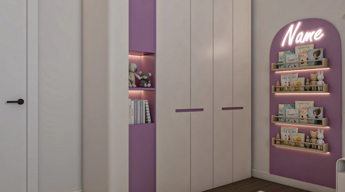 A modern children's room featuring sleek, minimalist white and purple wardrobes with integrated lighting, a personalized name sign, neatly organized shelves with toys and books, and a plush bunny toy on a gray rug, creating a stylish and inviting atmosphere.