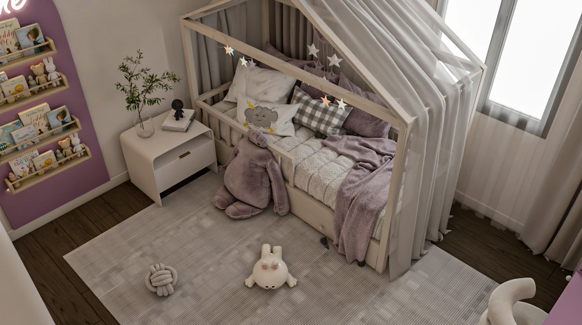 A cozy children's bedroom features a unique house-shaped canopy bed with plush toys and star decorations, a white nightstand with a plant, a soft gray rug, and a nearby bookshelf filled with colorful books, all illuminated by a modern chandelier and natural light from large windows.