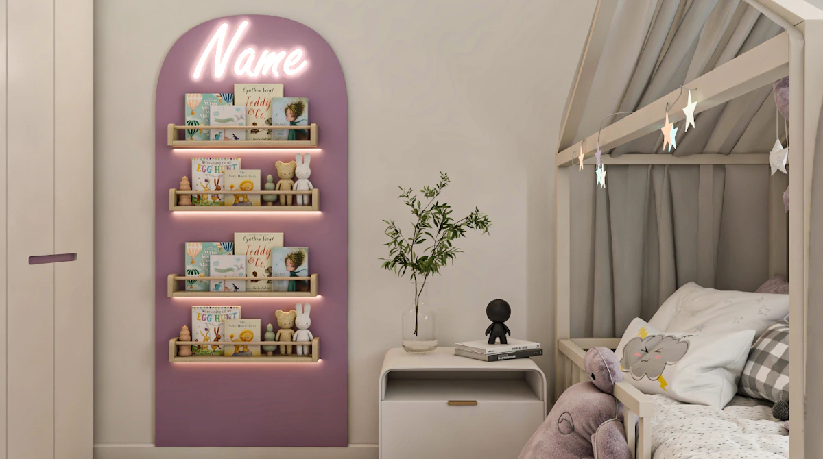 A cozy children's bedroom features a canopy bed adorned with star-shaped lights, a purple wall-mounted bookshelf displaying colorful books and toys, and soft plush toys on a patterned rug, promoting an inviting and playful atmosphere.