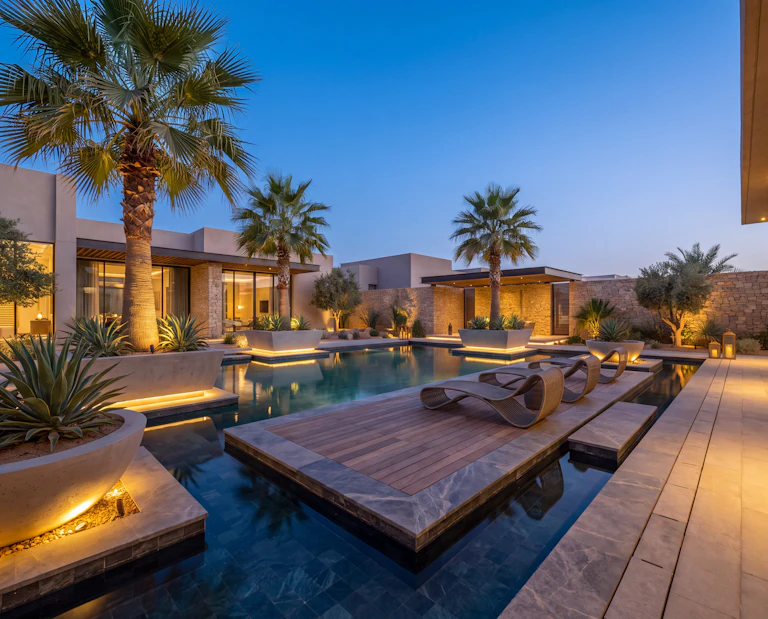 Modern villa pool at dusk with a floating timber deck, loungers, palm trees and stone-clad walls
