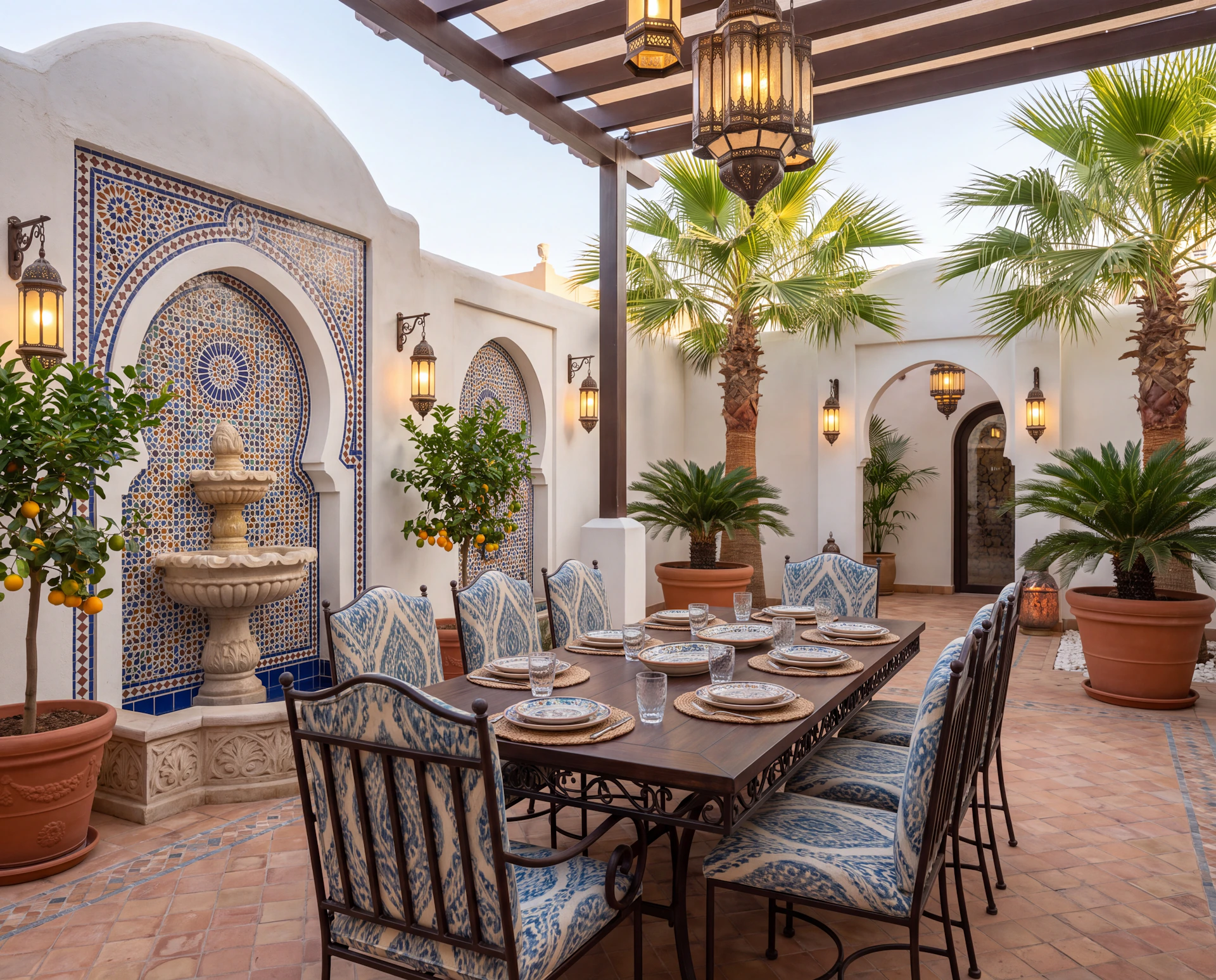 Andalusian-inspired outdoor dining area with a mosaic wall, tiered fountain, red tiled flooring, Moroccan-style arches, and a set wooden dining table surrounded by plants