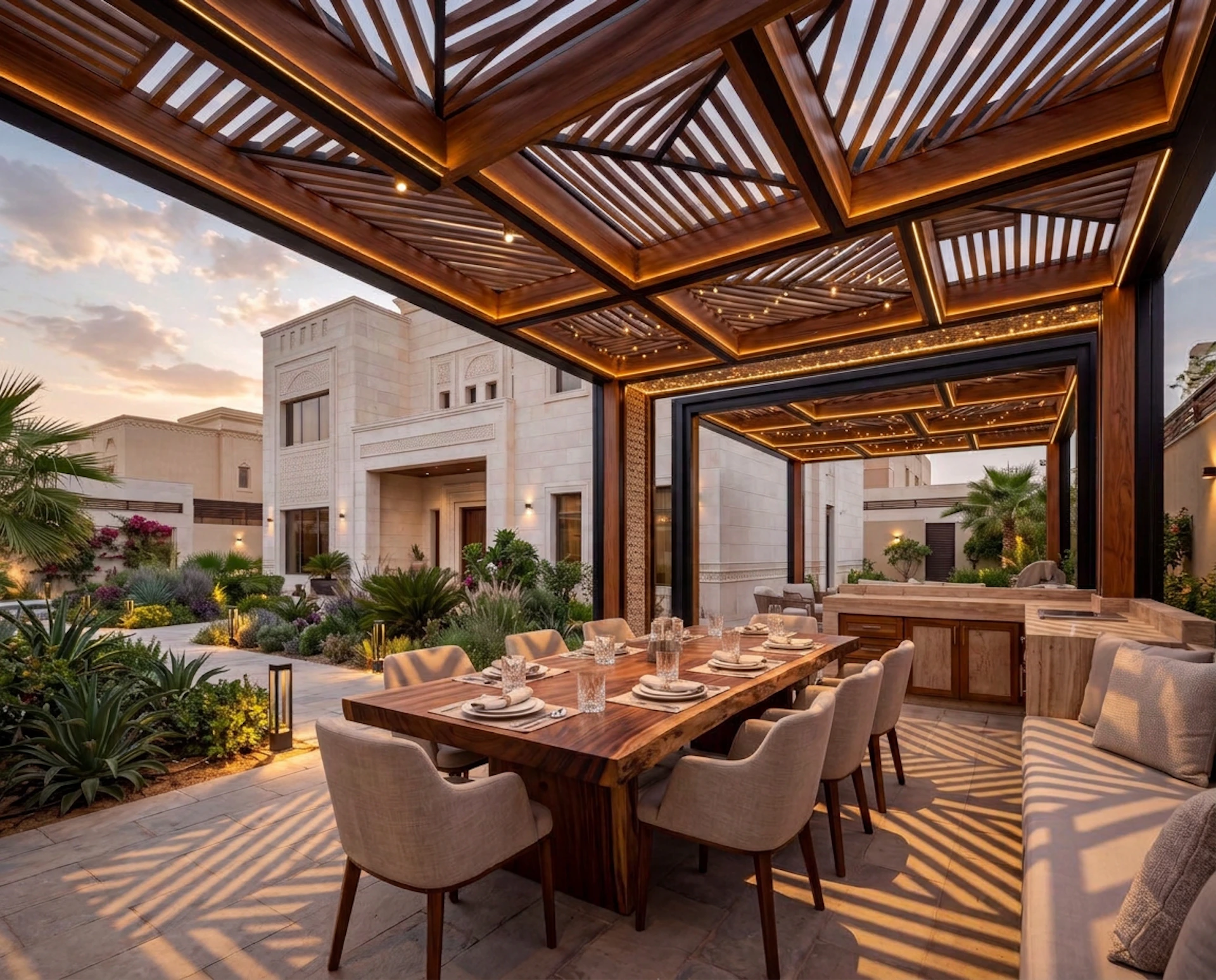 Covered outdoor dining area with a wooden table, beige upholstered chairs, a built-in barbecue, and a slatted wooden shelter surrounded by garden plants