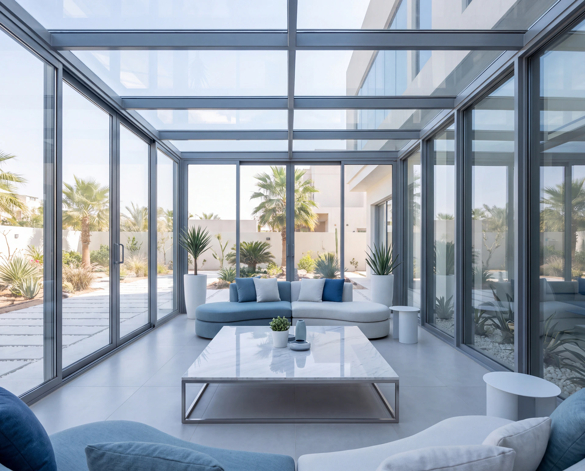 Modern sunroom with gray steel and glass walls, white and blue seating, a marble coffee table, small side tables, and potted plants overlooking the garden