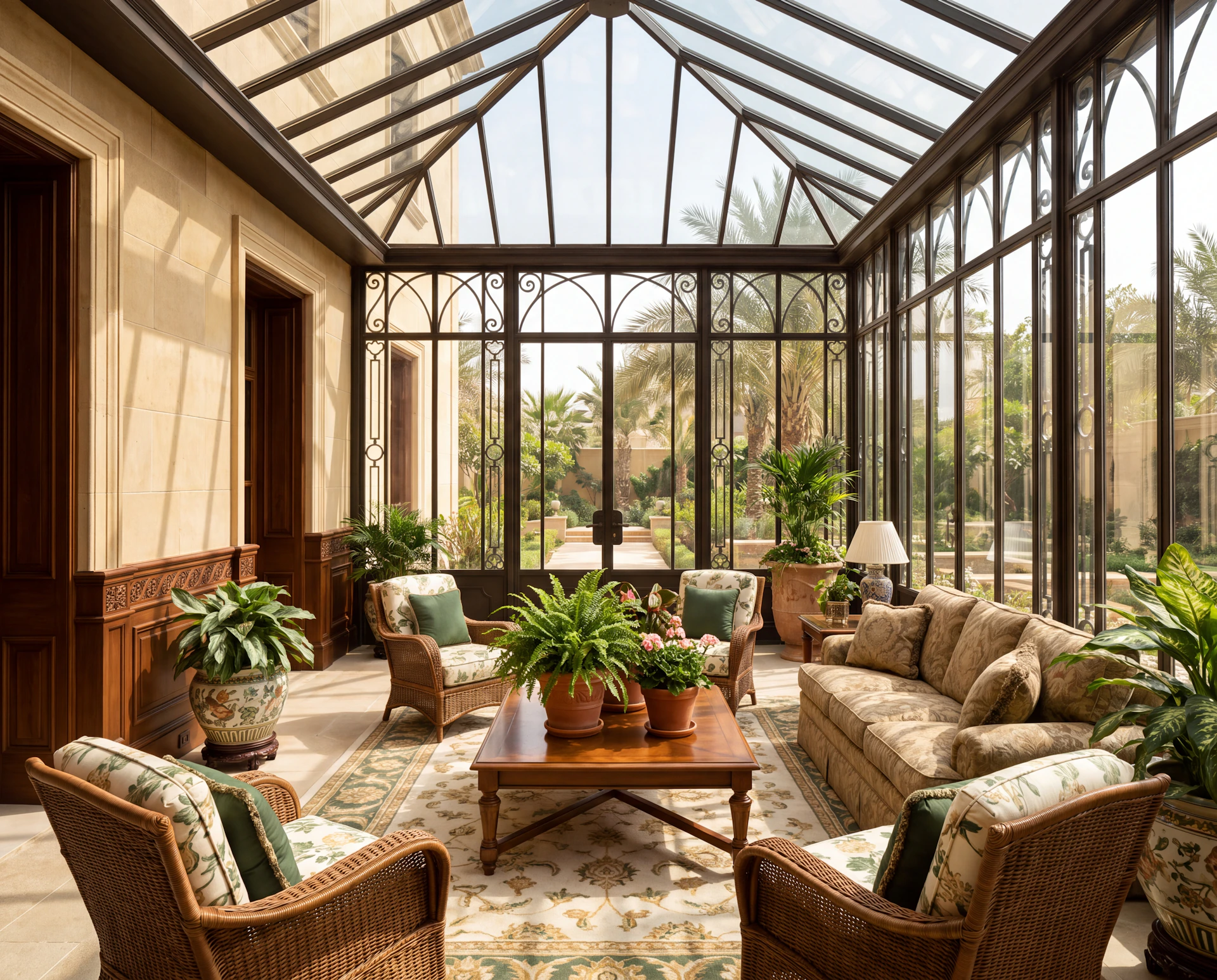 Classic sunroom with decorative steel frames, a pyramid-shaped glass roof, potted plants, floral upholstered seating, a large wooden table, and a garden with palm trees