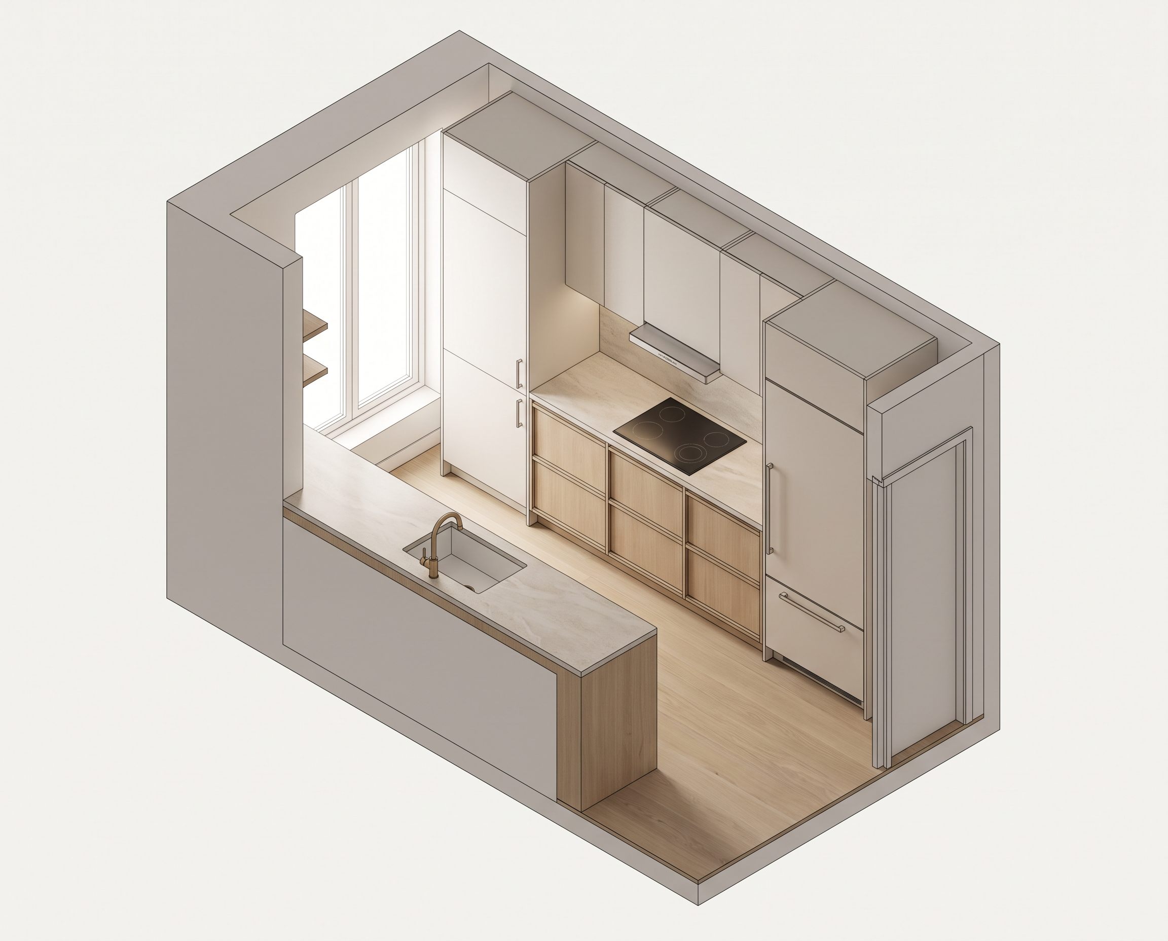 Isometric 3D cutaway of a galley kitchen with two parallel counters and a narrow aisle between them.