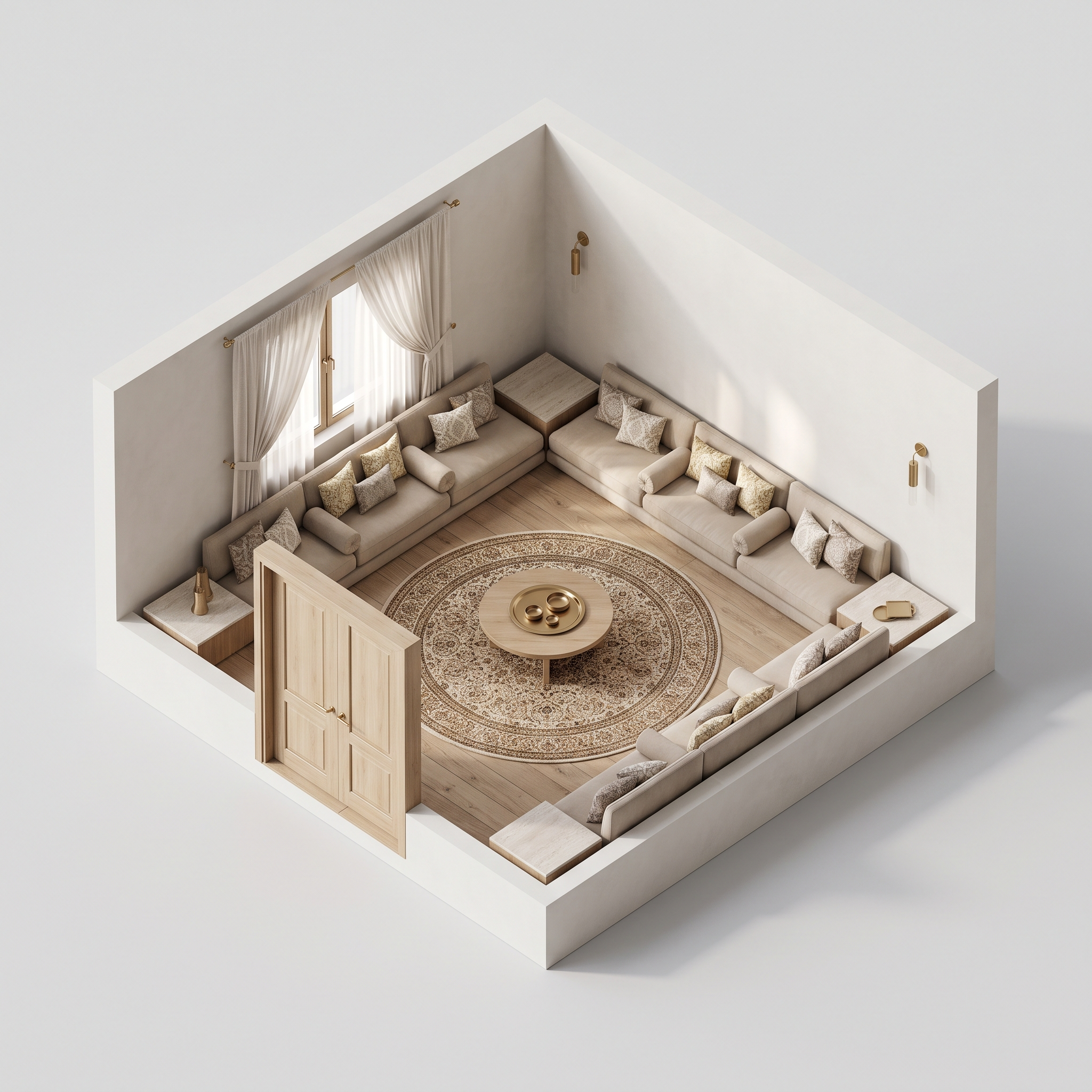 Isometric 3D cutaway of a majlis with low floor seating in a U along three walls around a central rug.