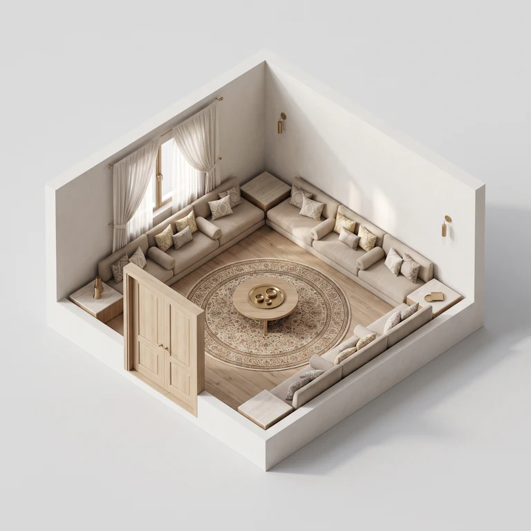 Isometric 3D cutaway of a majlis with low floor seating in a U along three walls around a central rug.