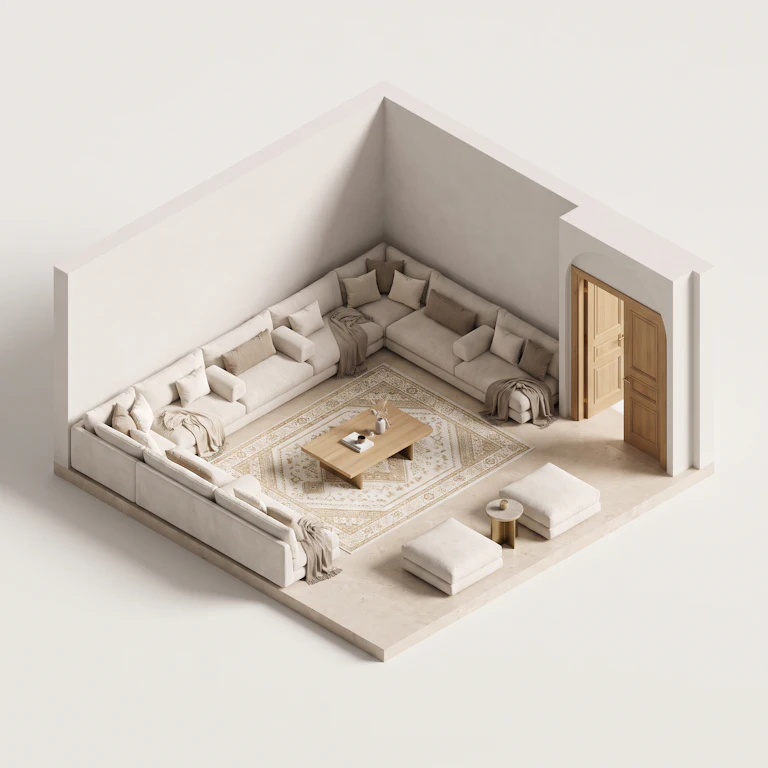 Isometric 3D cutaway of a majlis with low floor seating in an L along two adjacent walls.