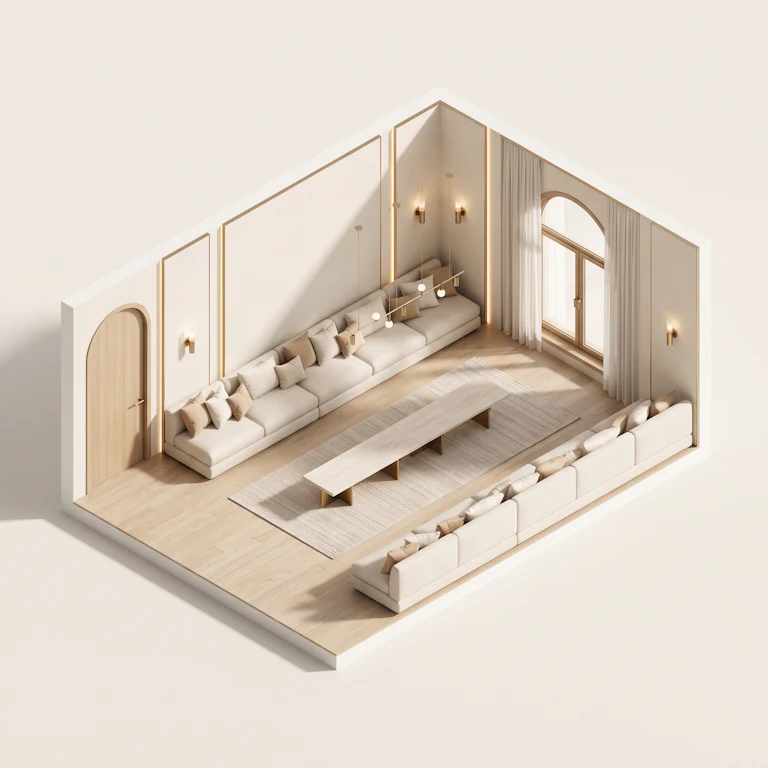 Isometric 3D cutaway of a majlis with two rows of seating facing each other across a long rug.