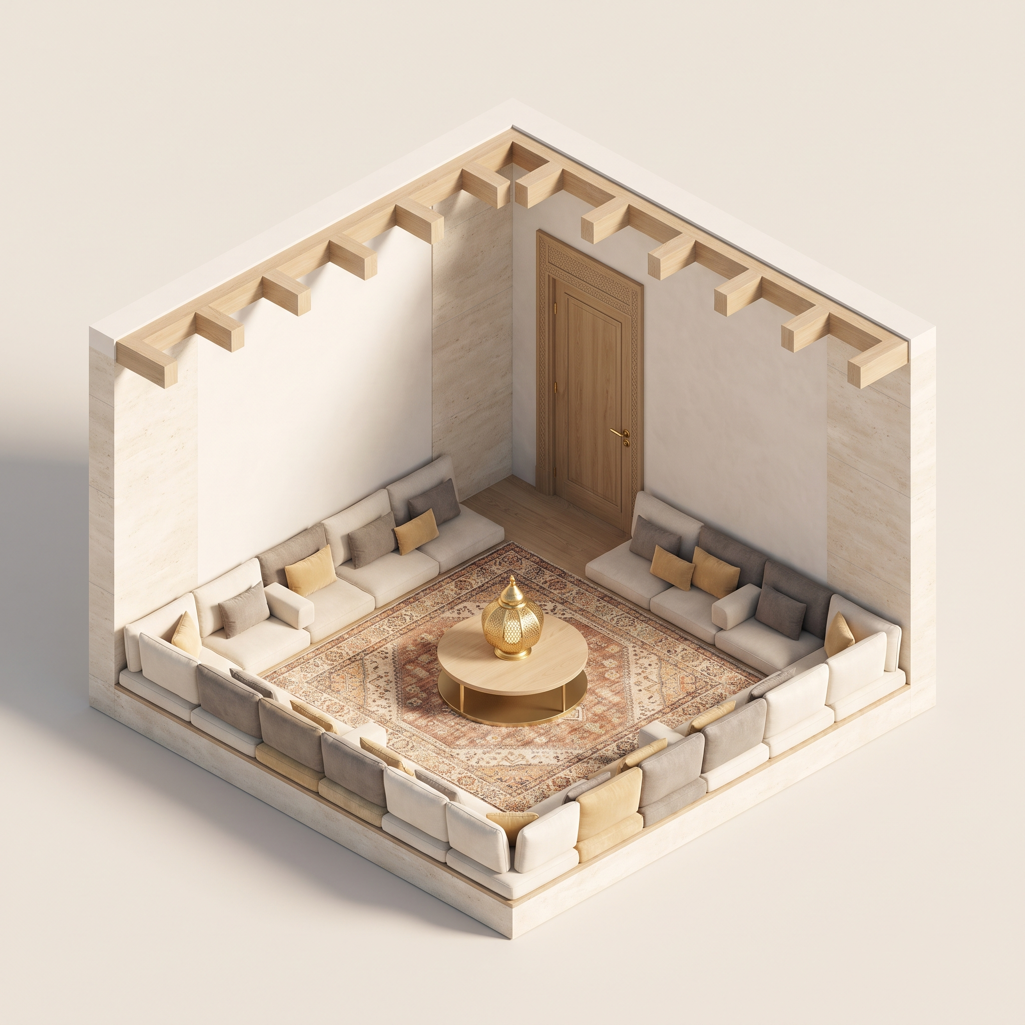 Isometric 3D cutaway of a majlis with continuous floor seating along all four walls and a large central rug.