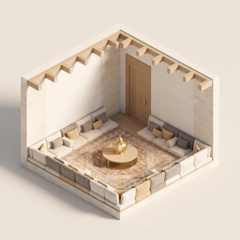 Isometric 3D cutaway of a majlis with continuous floor seating along all four walls and a large central rug.