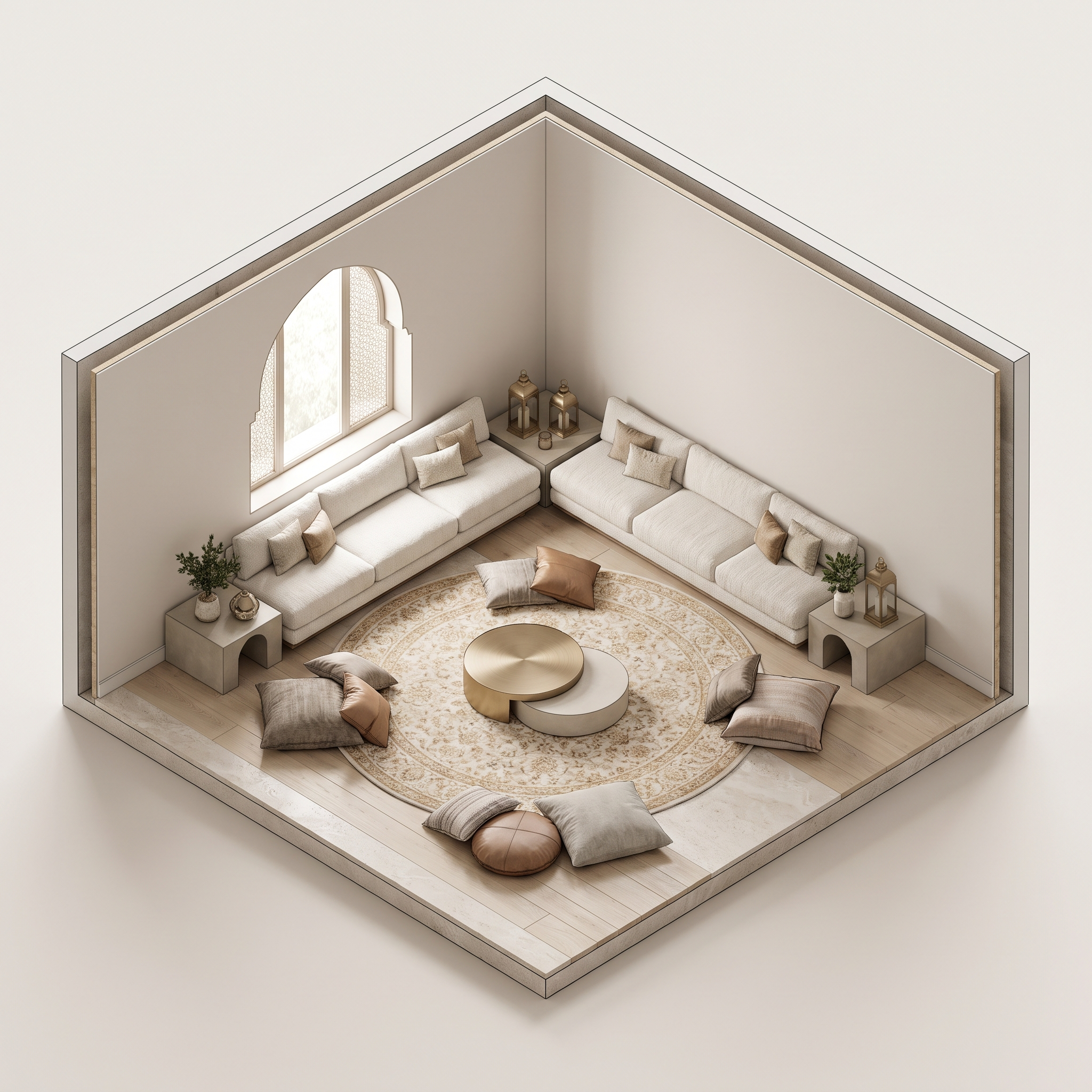 Isometric 3D cutaway of a majlis with floor cushions gathered around a low table on a round rug.