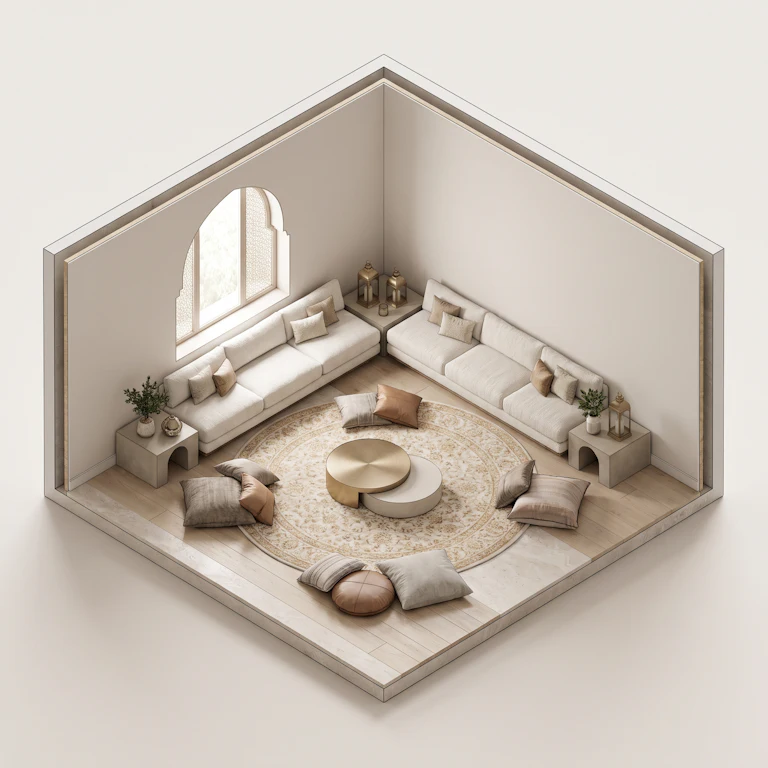 Isometric 3D cutaway of a majlis with floor cushions gathered around a low table on a round rug.