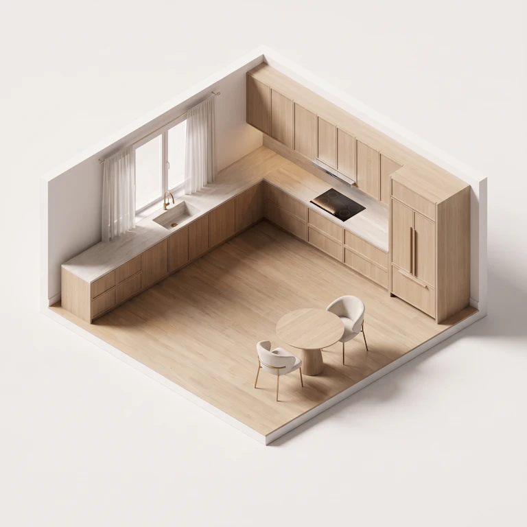 Isometric 3D cutaway of an L-shaped kitchen with counters along two adjacent walls and an open centre.