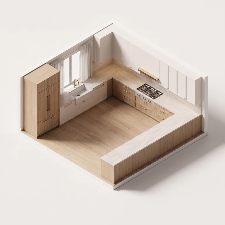 Isometric 3D cutaway of a U-shaped kitchen with counters on three walls and a clear walkway in the middle.